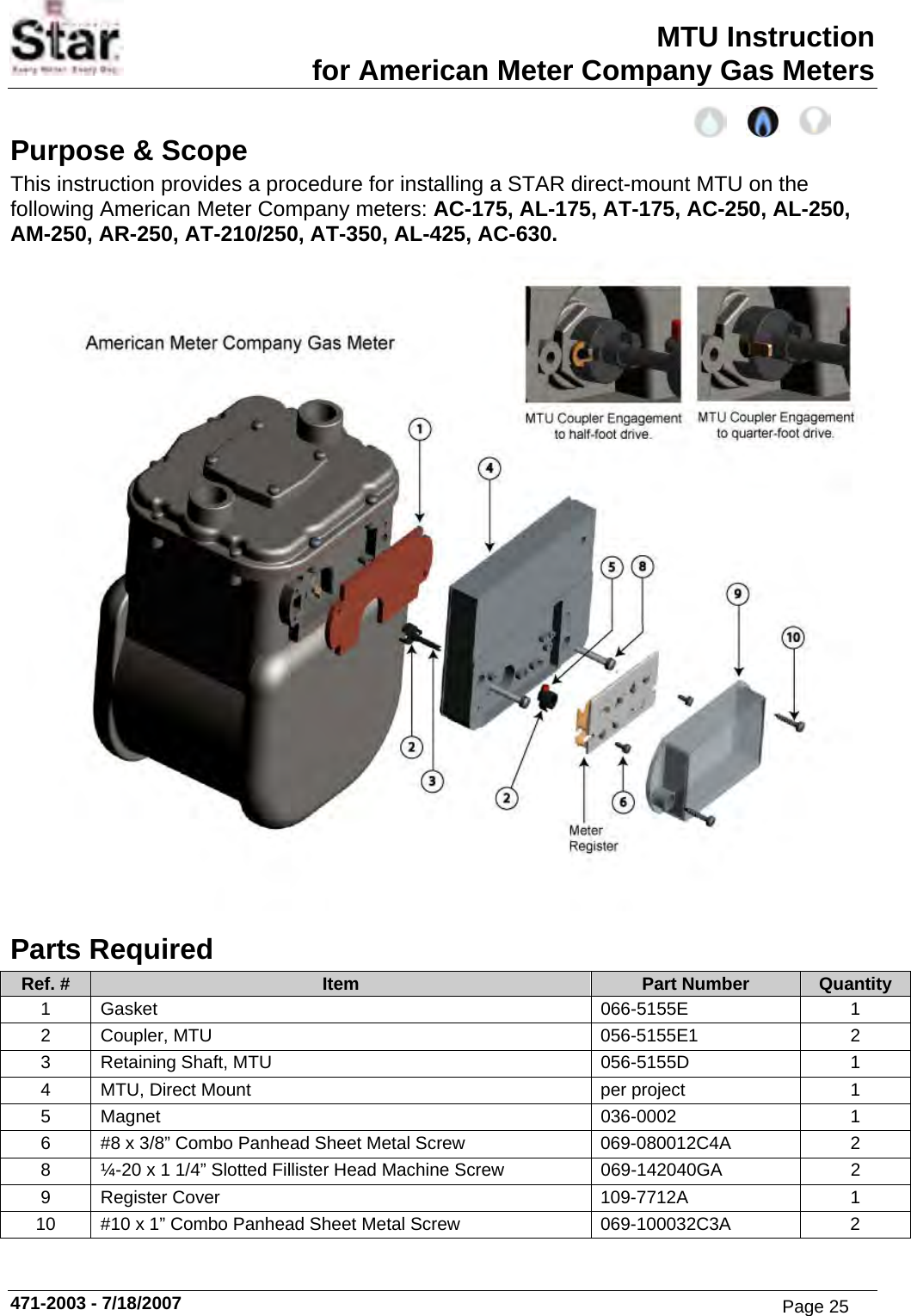 MTU Instruction for American Meter Company Gas Meters Purpose &amp; Scope This instruction provides a procedure for installing a STAR direct-mount MTU on the following American Meter Company meters: AC-175, AL-175, AT-175, AC-250, AL-250, AM-250, AR-250, AT-210/250, AT-350, AL-425, AC-630.  Parts Required Ref. #  Item  Part Number  Quantity 1 Gasket  066-5155E  1 2 Coupler, MTU  056-5155E1  2 3  Retaining Shaft, MTU  056-5155D  1 4  MTU, Direct Mount  per project  1 5 Magnet  036-0002  1 6  #8 x 3/8” Combo Panhead Sheet Metal Screw  069-080012C4A  2 8  ¼-20 x 1 1/4” Slotted Fillister Head Machine Screw  069-142040GA  2 9 Register Cover  109-7712A  1 10  #10 x 1” Combo Panhead Sheet Metal Screw  069-100032C3A  2 471-2003 - 7/18/2007 Page 25