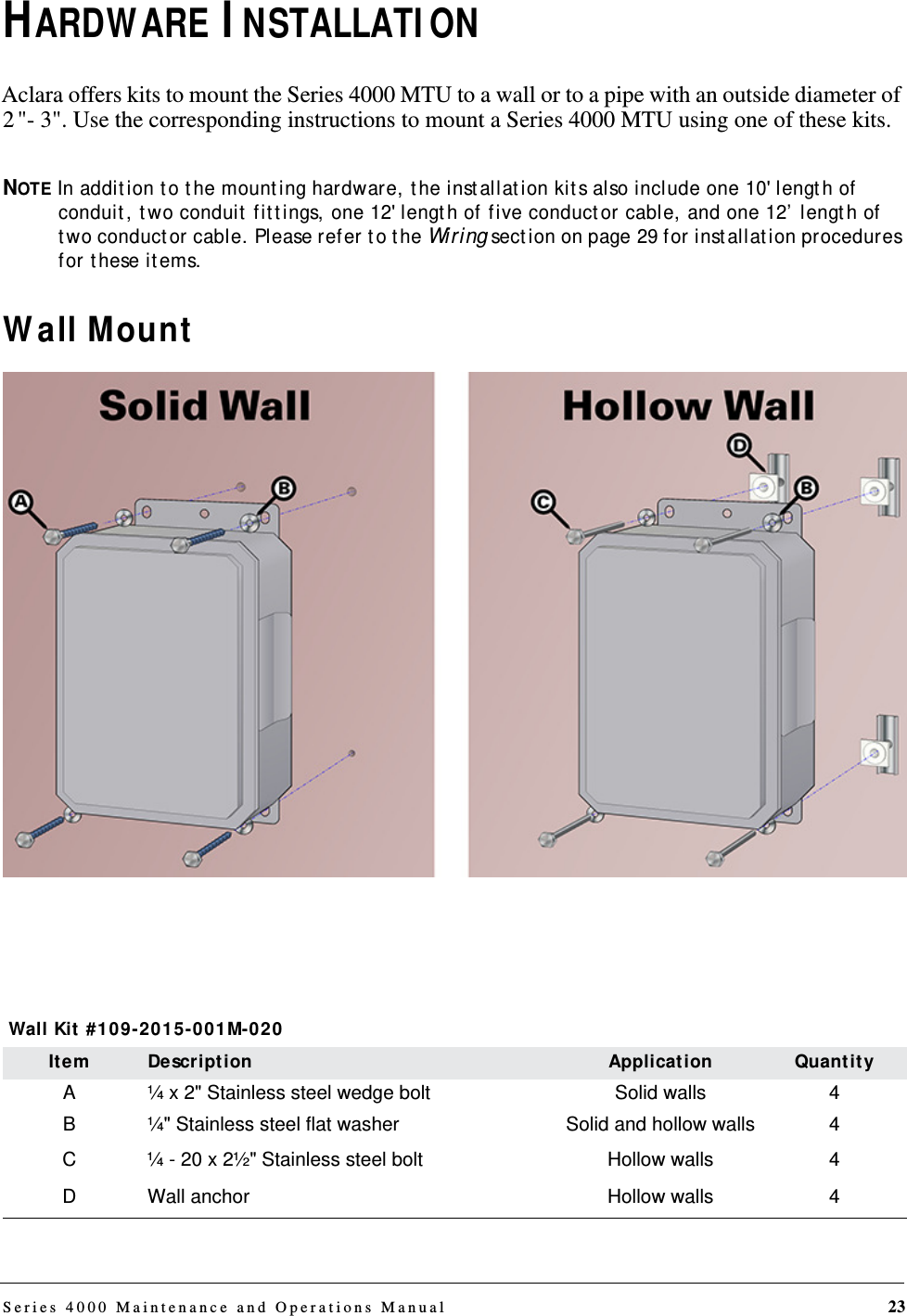 Series 4000 Maintenance and Operations Manual 23HARDWARE INSTALLATIONAclara offers kits to mount the Series 4000 MTU to a wall or to a pipe with an outside diameter of 2 &quot;- 3&quot;. Use the corresponding instructions to mount a Series 4000 MTU using one of these kits.NOTE In addition to the mounting hardware, the installation kits also include one 10&apos; length of conduit, two conduit fittings, one 12&apos; length of five conductor cable, and one 12’ length of two conductor cable. Please refer to the Wiring section on page 29 for installation procedures for these items.Wall MountWall Kit #109-2015-001M-020 Item Description Application QuantityA ¼ x 2&quot; Stainless steel wedge bolt Solid walls 4B ¼&quot; Stainless steel flat washer Solid and hollow walls 4C ¼ - 20 x 2½&quot; Stainless steel bolt Hollow walls 4D Wall anchor Hollow walls 4DRAFT