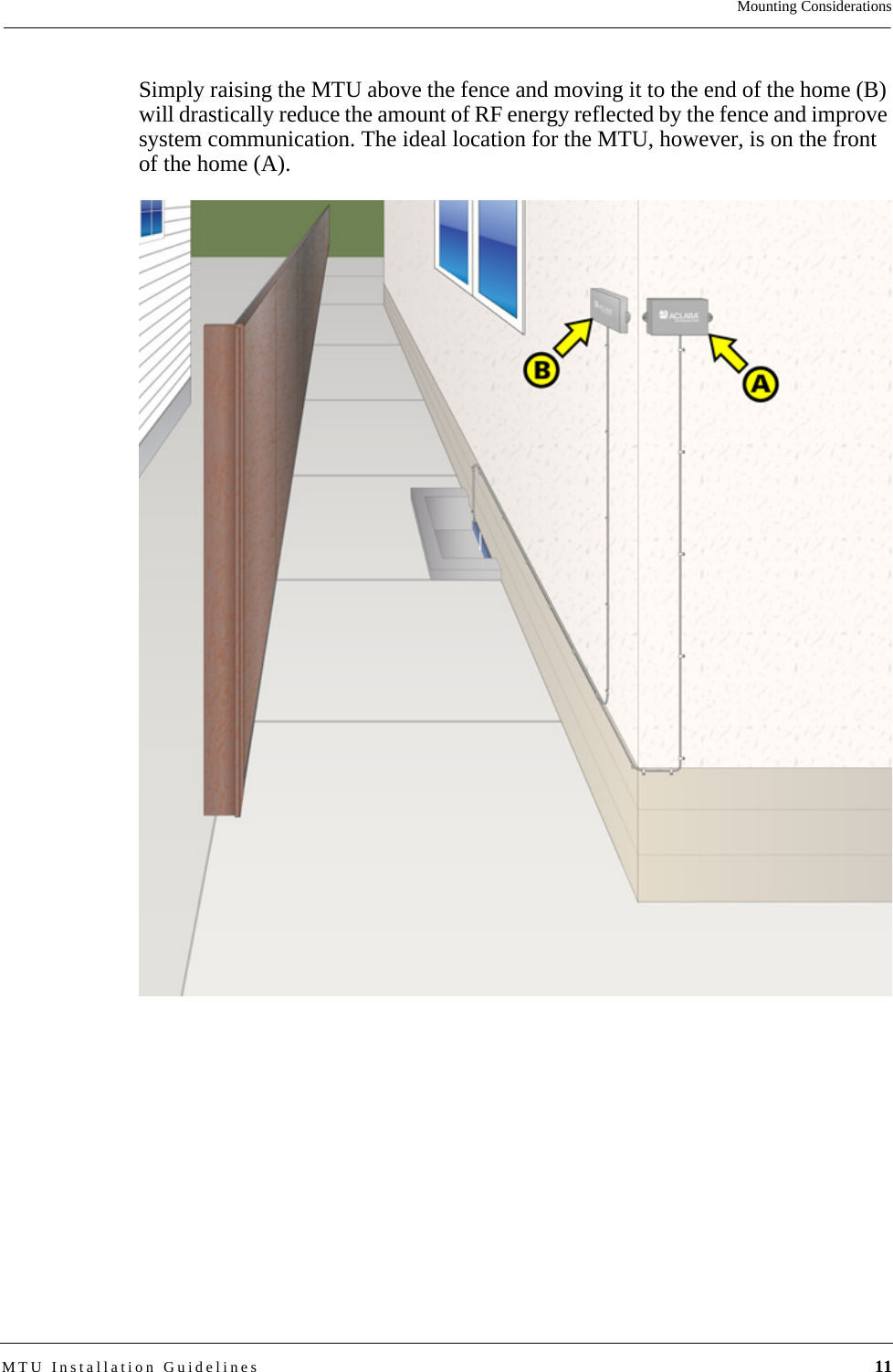 Mounting ConsiderationsMTU Installation Guidelines 11Simply raising the MTU above the fence and moving it to the end of the home (B) will drastically reduce the amount of RF energy reflected by the fence and improve system communication. The ideal location for the MTU, however, is on the front of the home (A).