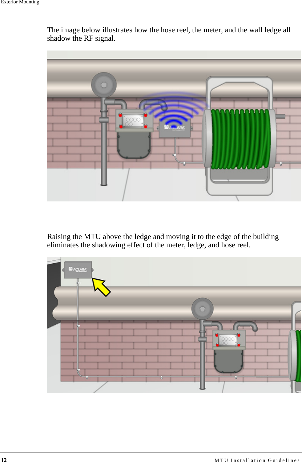 12 MTU Installation GuidelinesExterior MountingThe image below illustrates how the hose reel, the meter, and the wall ledge all shadow the RF signal.Raising the MTU above the ledge and moving it to the edge of the building eliminates the shadowing effect of the meter, ledge, and hose reel.