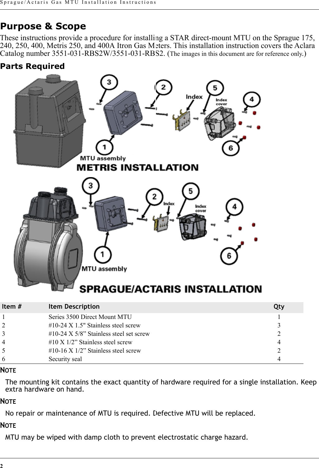 2 Sprague/Actaris Gas MTU Installation InstructionsPurpose &amp; ScopeThese instructions provide a procedure for installing a STAR direct-mount MTU on the Sprague 175, 240, 250, 400, Metris 250, and 400A Itron Gas Meters. This installation instruction covers the Aclara Catalog number 3551-031-RBS2W/3551-031-RBS2. (The images in this document are for reference only.)Parts RequiredNOTEThe mounting kit contains the exact quantity of hardware required for a single installation. Keep extra hardware on hand.NOTENo repair or maintenance of MTU is required. Defective MTU will be replaced.NOTEMTU may be wiped with damp cloth to prevent electrostatic charge hazard.Item # Item Description Qty1 Series 3500 Direct Mount MTU 12 #10-24 X 1.5&quot; Stainless steel screw 33 #10-24 X 5/8” Stainless steel set screw 24 #10 X 1/2” Stainless steel screw 45 #10-16 X 1/2” Stainless steel screw 26 Security seal 4