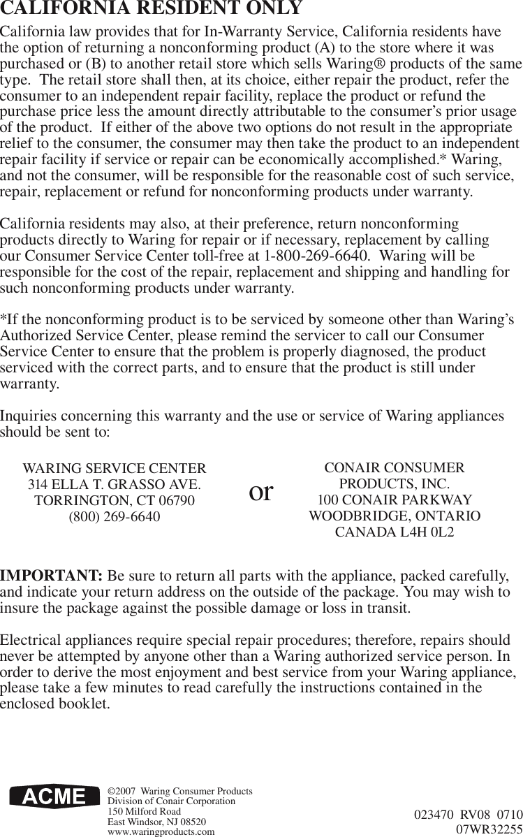 Page 12 of 12 - Acme-Kitchenettes Acme-Kitchenettes-6001-Users-Manual-  Acme-kitchenettes-6001-users-manual