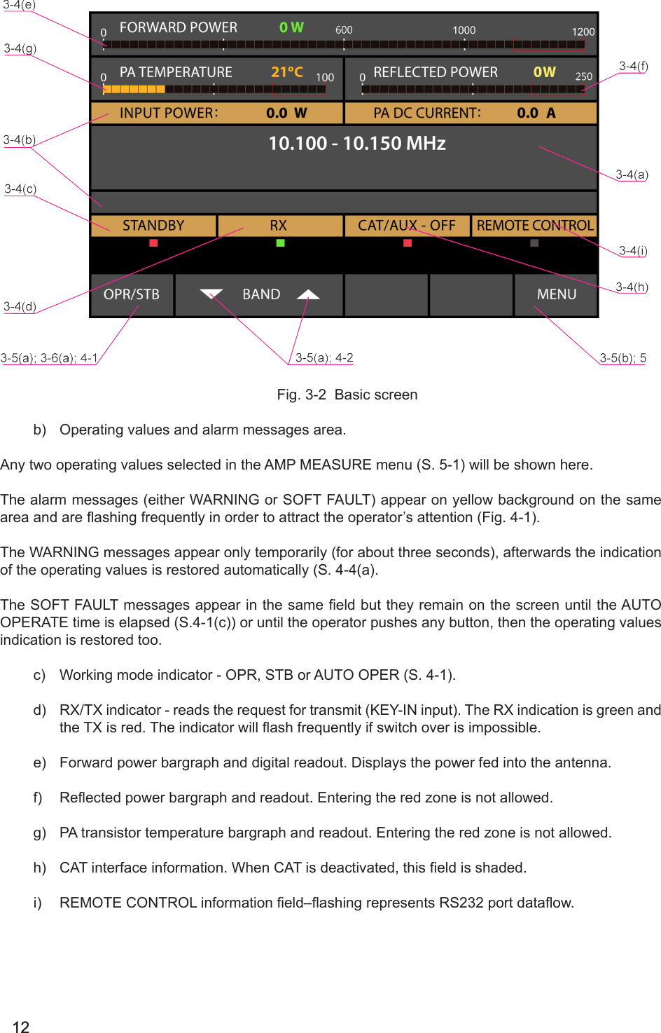 1212Fig. 3-2  Basic screenb)  Operating values and alarm messages area.Any two operating values selected in the AMP MEASURE menu (S. 5-1) will be shown here.The alarm messages (either WARNING or SOFT FAULT) appear on yellow background on the same area and are ashing frequently in order to attract the operator’s attention (Fig. 4-1).The WARNING messages appear only temporarily (for about three seconds), afterwards the indication of the operating values is restored automatically (S. 4-4(a).The SOFT FAULT messages appear in the same eld but they remain on the screen until the AUTO OPERATE time is elapsed (S.4-1(c)) or until the operator pushes any button, then the operating values indication is restored too.c)  Working mode indicator - OPR, STB or AUTO OPER (S. 4-1).d)  RX/TX indicator - reads the request for transmit (KEY-IN input). The RX indication is green and the TX is red. The indicator will ash frequently if switch over is impossible.e)  Forward power bargraph and digital readout. Displays the power fed into the antenna. f)  Reected power bargraph and readout. Entering the red zone is not allowed.g)  PA transistor temperature bargraph and readout. Entering the red zone is not allowed.h)  CAT interface information. When CAT is deactivated, this eld is shaded.i)  REMOTE CONTROL information eld–ashing represents RS232 port dataow. 