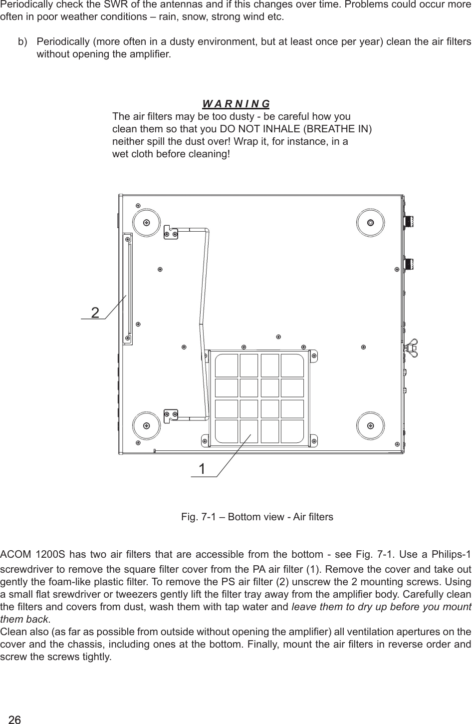 2626Periodically check the SWR of the antennas and if this changes over time. Problems could occur more often in poor weather conditions – rain, snow, strong wind etc.b)  Periodically (more often in a dusty environment, but at least once per year) clean the air lters without opening the amplier.W A R N I N GThe air lters may be too dusty - be careful how youclean them so that you DO NOT INHALE (BREATHE IN)neither spill the dust over! Wrap it, for instance, in awet cloth before cleaning!                                                             Fig. 7-1 – Bottom view - Air ltersACOM 1200S  has  two  air  lters  that  are  accessible  from  the  bottom  - see  Fig.  7-1.  Use  a  Philips-1 screwdriver to remove the square lter cover from the PA air lter (1). Remove the cover and take out gently the foam-like plastic lter. To remove the PS air lter (2) unscrew the 2 mounting screws. Using a small at srewdriver or tweezers gently lift the lter tray away from the amplier body. Carefully clean the lters and covers from dust, wash them with tap water and leave them to dry up before you mount them back.Clean also (as far as possible from outside without opening the amplier) all ventilation apertures on the cover and the chassis, including ones at the bottom. Finally, mount the air lters in reverse order and screw the screws tightly. 