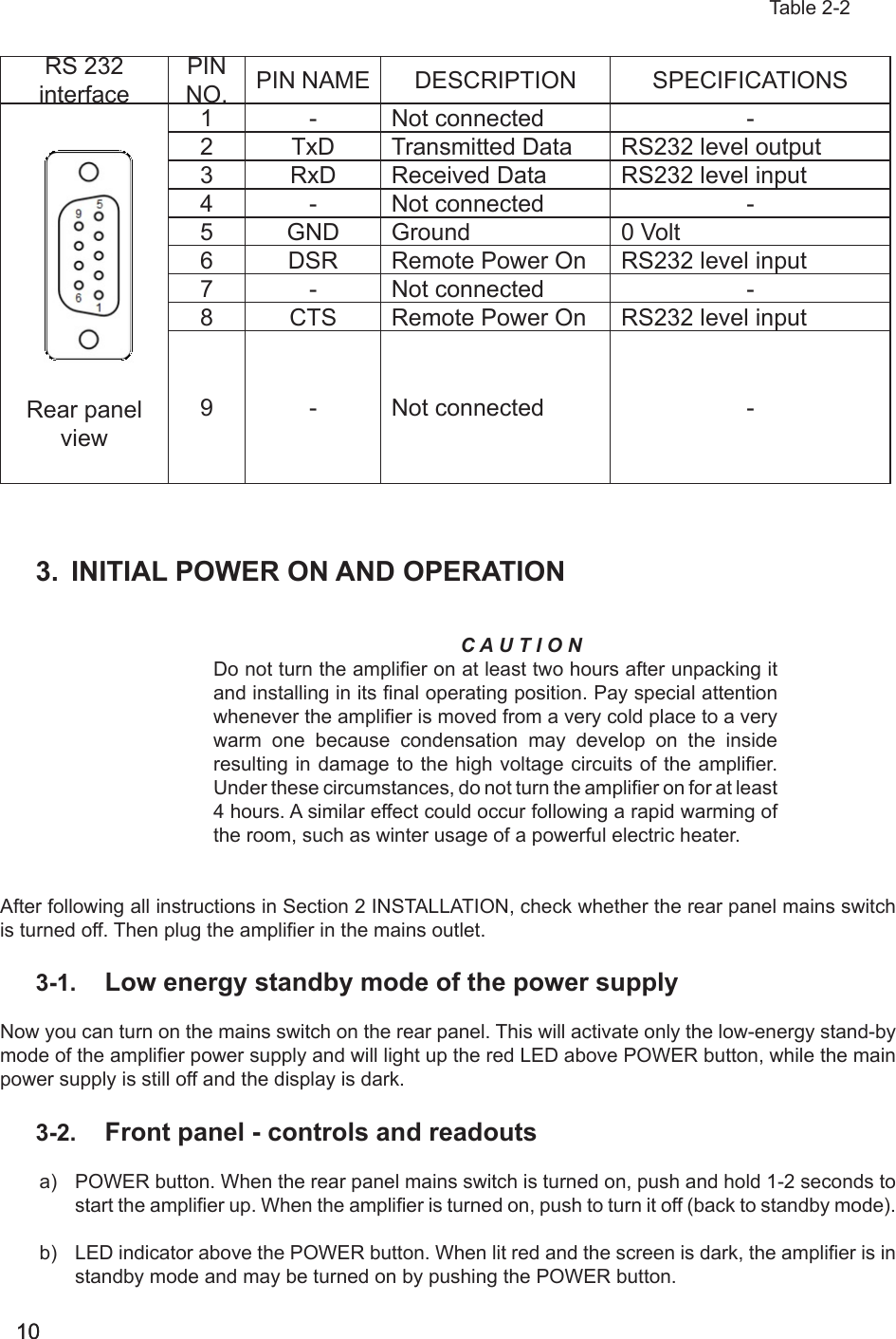 1010   Table 2-2RS 232interfacePIN NO. PIN NAME DESCRIPTION SPECIFICATIONSRear panel view1 - Not connected -2 TxD Transmitted Data RS232 level output3 RxD Received Data RS232 level input4 - Not connected -5 GND Ground 0 Volt6 DSR Remote Power On RS232 level input7 - Not connected -8 CTS Remote Power On RS232 level input9 - Not connected -3.  INITIAL POWER ON AND OPERATION C A U T I O NDo not turn the amplier on at least two hours after unpacking it and installing in its nal operating position. Pay special attention whenever the amplier is moved from a very cold place to a very warm one because condensation may develop on the inside resulting in damage to the high  voltage circuits of the amplier. Under these circumstances, do not turn the amplier on for at least 4 hours. A similar effect could occur following a rapid warming of the room, such as winter usage of a powerful electric heater.After following all instructions in Section 2 INSTALLATION, check whether the rear panel mains switch is turned off. Then plug the amplier in the mains outlet. 3-1.  Low energy standby mode of the power supplyNow you can turn on the mains switch on the rear panel. This will activate only the low-energy stand-by mode of the amplier power supply and will light up the red LED above POWER button, while the main power supply is still off and the display is dark.3-2.  Front panel - controls and readouts  a)  POWER button. When the rear panel mains switch is turned on, push and hold 1-2 seconds to start the amplier up. When the amplier is turned on, push to turn it off (back to standby mode).         b)  LED indicator above the POWER button. When lit red and the screen is dark, the amplier is in standby mode and may be turned on by pushing the POWER button.