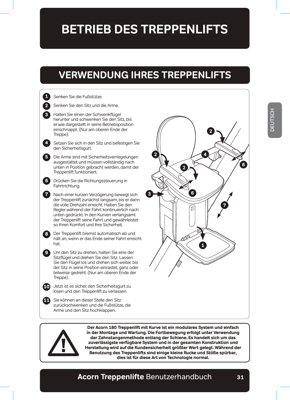 Acorn Treppenlifte BenutzerhandbuchDEUTSCH31BETRIEB DES TREPPENLIFTS123456789Der Acorn 180 Treppenlift mit Kurve ist ein modulares System und einfach in der Montage und Wartung. Die Fortbewegung erfolgt unter Verwendung der Zahnstangenmethode entlang der Schiene. Es handelt sich um das zuverlässigste verfügbare System und in der gesamten Konstruktion und Herstellung wird auf die Kundensicherheit größter Wert gelegt. Während der Benutzung des Treppenlifts sind einige kleine Rucke und Stöße spürbar,  dies ist für diese Art von Technologie normal.6HQNHQ6LHGLH)X¡VW¾W]HSenken Sie den Sitz und die Arme.+DOWHQ6LHHLQHQGHU6FKZHQNƸ¾JHOherunter und schwenken Sie den Sitz, bis er wie dargestellt in seine Betriebsposition einschnappt. (Nur am oberen Ende der Treppe).Setzen Sie sich in den Sitz und befestigen Sie den Sicherheitsgurt.Die Arme sind mit Sicherheitsverriegelungen DXVJHVWDWWHWXQGP¾VVHQYROOVW¦QGLJQDFKunten in Position gebracht werden, damit der Treppenlift funktioniert.&apos;U¾FNHQ6LHGLH5LFKWXQJVVWHXHUXQJLQFahrtrichtung.1DFKHLQHUNXU]HQ9HU]¸JHUXQJEHZHJWVLFKder Treppenlift zunächst langsam, bis er dann die volle Drehzahl erreicht. Halten Sie den Regler während der Fahrt kontinuierlich nach XQWHQJHGU¾FNW,QGHQ.XUYHQYHUODQJVDPWder Treppenlift seine Fahrt und gewährleistet so Ihren Komfort und Ihre Sicherheit.Der Treppenlift bremst automatisch ab und hält an, wenn er das Ende seiner Fahrt erreicht hat.Um den Sitz zu drehen, halten Sie eine der 6LW]Ƹ¾JHOXQGGUHKHQ6LHGHQ6LW]/DVVHQ6LHGHQ)O¾JHOORVXQGGUHKHQVLFKZHLWHUELVder Sitz in seine Position einrastet, ganz oder teilweise gedreht. (Nur am oberen Ende der Treppe).Jetzt ist es sicher, den Sicherheitsgurt zu lösen und den Treppenlift zu verlassen.Sie können an dieser Stelle den Sitz ]XU¾FNVFKZHQNHQXQGGLH)X¡VW¾W]HGLHArme und den Sitz hochklappen.1011VERWENDUNG IHRES TREPPENLIFTS122346672