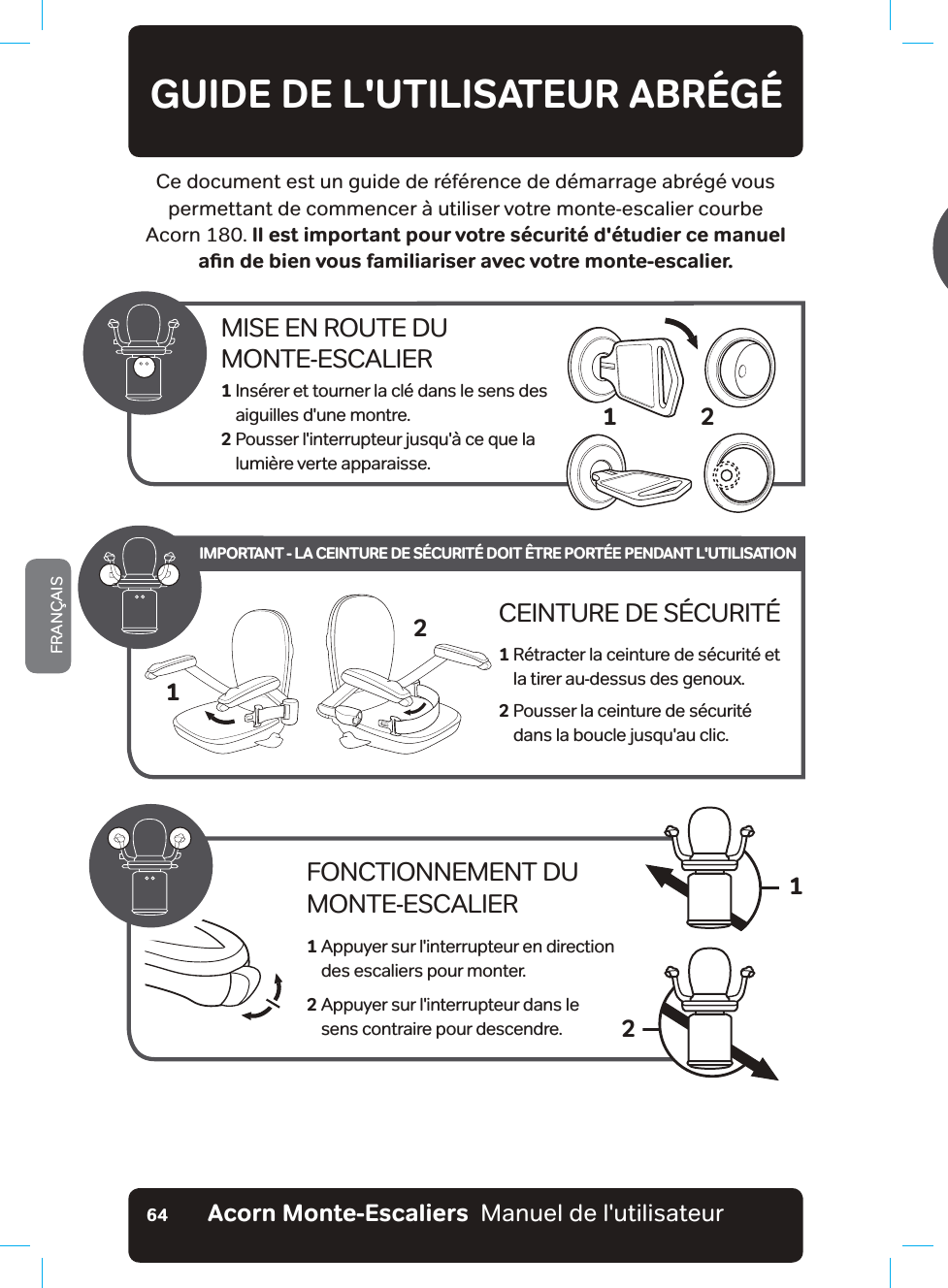 Acorn Monte-Escaliers  Manuel de l&apos;utilisateurFRANÇAIS64GUIDE DE L&apos;UTILISATEUR ABRÉGÉCe document est un guide de référence de démarrage abrégé vous permettant de commencer à utiliser votre monte-escalier courbe  Acorn 180. Il est important pour votre sécurité d&apos;étudier ce manuel CƵPFGDKGPXQWUHCOKNKCTKUGTCXGEXQVTGOQPVGGUECNKGTMISE EN ROUTE DU  MONTE-ESCALIER1   Insérer et tourner la clé dans le sens des aiguilles d&apos;une montre.2  Pousser l&apos;interrupteur jusqu&apos;à ce que la lumière verte apparaisse.2FONCTIONNEMENT DU MONTE-ESCALIER1  Appuyer sur l&apos;interrupteur en direction des escaliers pour monter.2  Appuyer sur l&apos;interrupteur dans le sens contraire pour descendre.12CEINTURE DE SÉCURITÉ1  Rétracter la ceinture de sécurité et la tirer au-dessus des genoux.2  Pousser la ceinture de sécurité dans la boucle jusqu&apos;au clic.21IMPORTANT - LA CEINTURE DE SÉCURITÉ DOIT ÊTRE PORTÉE PENDANT L&apos;UTILISATION1+0(14/#6+105+/2146#06&apos;52174.&apos;576+.+5#6&apos;745&amp;š704#+.4&apos;.&apos;8#$.&apos;a/1614+5&apos;IRQFWLRQQHUOHUDLOUHOHYDEOHWDQWTXLOHVWGDQVVDOLJQHGHYXH8QHIRLVTXHYRXVDYH]ƶQLGXWLOLVHUOHPRQWH+NGUVKORQTVCPVSWGNGOQPVGGUECNKGTUQKVFªRNCEªXGTUNGRQKPVFGEJCTIGNGRNWURTQEJGCƵPFGGVRGWXGPV«VTGOQFKƵªGU