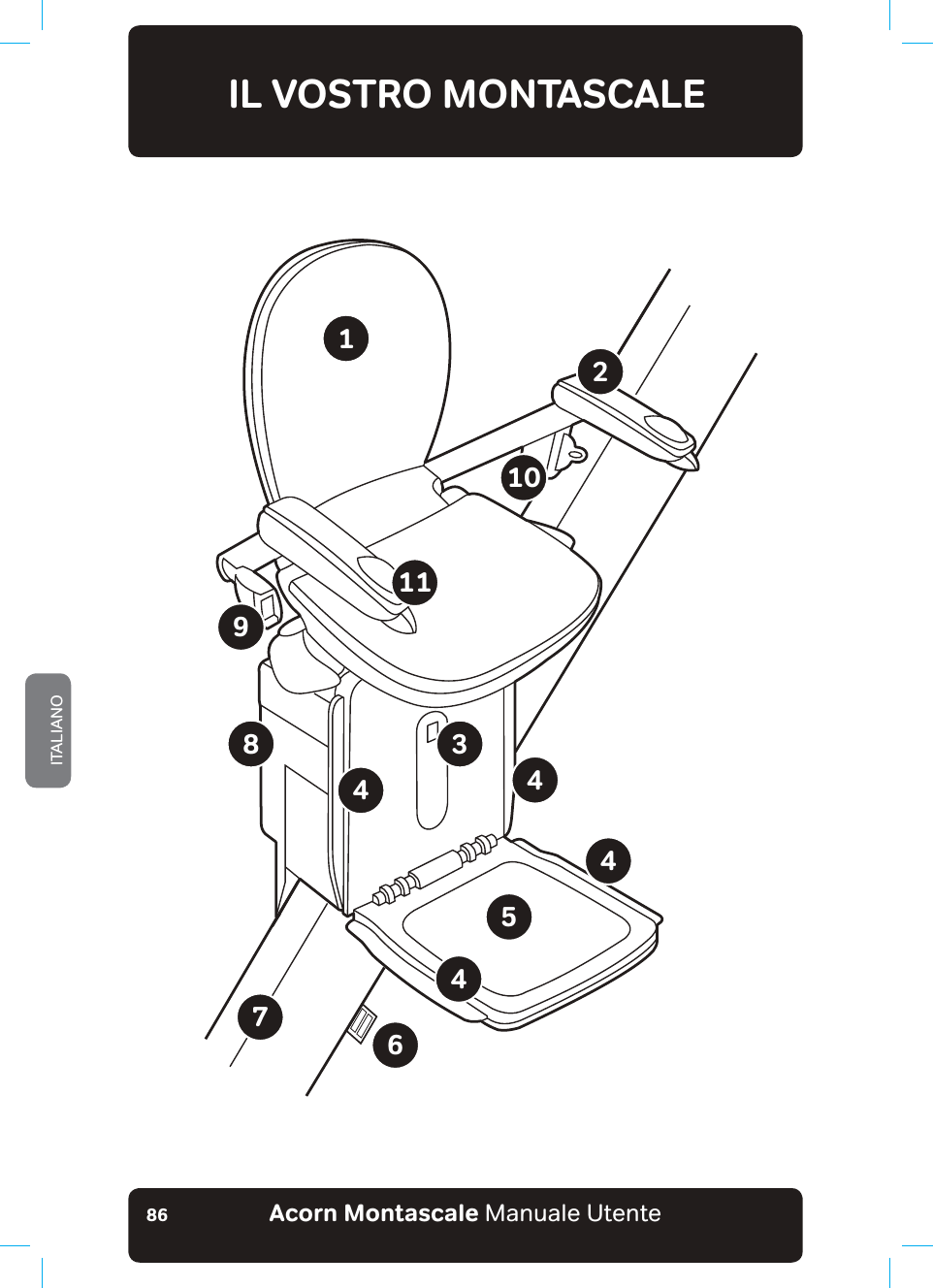 Acorn Montascale Manuale UtenteITALIANO86IL VOSTRO MONTASCALE1325467810911444