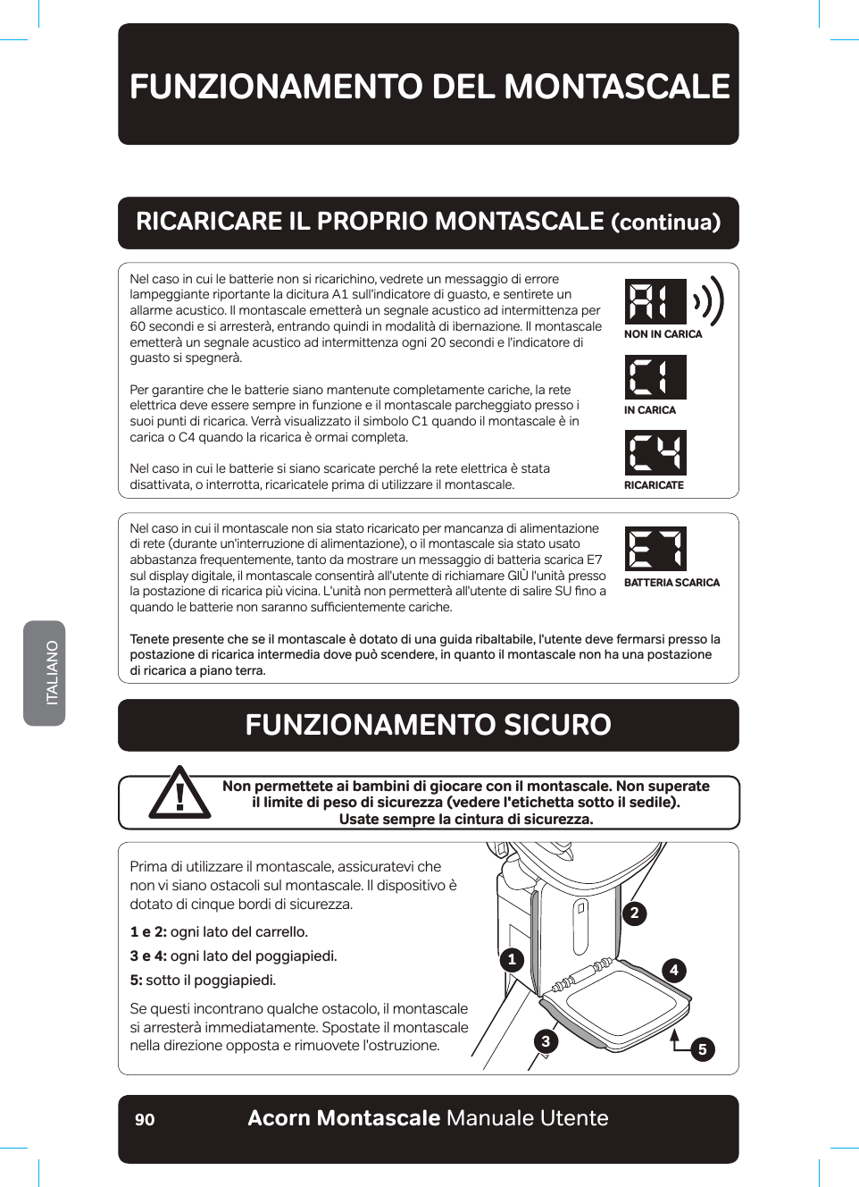 Acorn Montascale Manuale UtenteITALIANO90Nel caso in cui il montascale non sia stato ricaricato per mancanza di alimentazione GLUHWHGXUDQWHXQLQWHUUX]LRQHGLDOLPHQWD]LRQHRLOPRQWDVFDOHbVLDVWDWRXVDWRabbastanza frequentemente, tanto da mostrare un messaggio di batteria scarica E7 VXOGLVSOD\GLJLWDOHLOPRQWDVFDOHFRQVHQWLU¢DOOXWHQWHGLULFKLDPDUH*,OXQLW¢bSUHVVRODSRVWD]LRQHGLULFDULFDSL»YLFLQD/XQLW¢QRQSHUPHWWHU¢DOOXWHQWHGLVDOLUH68ƷQRDTXDQGROHEDWWHULHQRQVDUDQQRVXƹFLHQWHPHQWHFDULFKHTenete presente che se il montascale è dotato di una guida ribaltabile, l&apos;utente deve fermarsi presso la postazione di ricarica intermedia dove può scendere, in quanto il montascale non ha una postazione  di ricarica a piano terra.FUNZIONAMENTO DEL MONTASCALENel caso in cui le batterie non si ricarichino, vedrete un messaggio di errore lampeggiante riportante la dicitura A1 sull&apos;indicatore di guasto, e sentirete un allarme acustico. Il montascale emetterà un segnale acustico ad intermittenza per 60 secondi e si arresterà, entrando quindi in modalità di ibernazione. Il montascale emetterà un segnale acustico ad intermittenza ogni 20 secondi e l&apos;indicatore di guasto si spegnerà.Per garantire che le batterie siano mantenute completamente cariche, la rete elettrica deve essere sempre in funzione e il montascale parcheggiato presso i VXRLSXQWLGLULFDULFD9HUU¢YLVXDOL]]DWRLOVLPEROR&amp;TXDQGRLOPRQWDVFDOHªLQFDULFDbR&amp;TXDQGRODULFDULFDªRUPDLFRPSOHWDNel caso in cui le batterie si siano scaricate perché la rete elettrica è stata disattivata, o interrotta, ricaricatele prima di utilizzare il montascale.RICARICARE IL PROPRIO MONTASCALE (continua)FUNZIONAMENTO SICUROPrima di utilizzare il montascale, assicuratevi che non vi siano ostacoli sul montascale. Il dispositivo è dotato di cinque bordi di sicurezza.1 e 2: ogni lato del carrello. 3 e 4: ogni lato del poggiapiedi.5: sotto il poggiapiedi. Se questi incontrano qualche ostacolo, il montascale si arresterà immediatamente. Spostate il montascale nella direzione opposta e rimuovete l&apos;ostruzione.Non permettete ai bambini di giocare con il montascale. Non superate  il limite di peso di sicurezza (vedere l&apos;etichetta sotto il sedile).  Usate sempre la cintura di sicurezza.12345NON IN CARICAIN CARICARICARICATEBATTERIA SCARICA