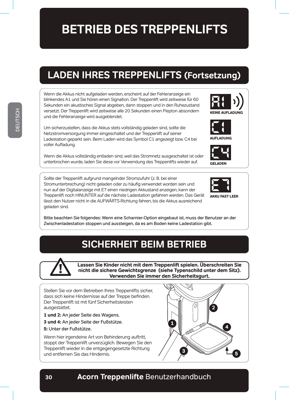 Acorn Treppenlifte BenutzerhandbuchDEUTSCH30Sollte der Treppenlift aufgrund mangelnder Stromzufuhr (z. B. bei einer 6WURPXQWHUEUHFKXQJQLFKWJHODGHQRGHU]XK¦XƷJYHUZHQGHWZRUGHQVHLQXQGnun auf der Digitalanzeige mit E7 einen niedrigen Akkustand anzeigen, kann der Treppenlift noch HINUNTER auf die nächste Ladestation gefahren werden. Das Gerät lässt den Nutzer nicht in die AUFWÄRTS-Richtung fahren, bis die Akkus ausreichend geladen sind.Bitte beachten Sie folgendes: Wenn eine Scharnier-Option eingebaut ist, muss der Benutzer an der Zwischenladestation stoppen und aussteigen, da es am Boden keine Ladestation gibt.BETRIEB DES TREPPENLIFTSWenn die Akkus nicht aufgeladen werden, erscheint auf der Fehleranzeige ein EOLQNHQGHV$XQG6LHK¸UHQHLQHQ6LJQDOWRQ&apos;HU7UHSSHQOLIWZLUG]HLWZHLVHI¾USekunden ein akustisches Signal abgeben, dann stoppen und in den Ruhezustand versetzt. Der Treppenlift wird zeitweise alle 20 Sekunden einen Piepton absondern und die Fehleranzeige wird ausgeblendet.Um sicherzustellen, dass die Akkus stets vollständig geladen sind, sollte die Netzstromversorgung immer eingeschaltet und der Treppenlift auf seiner Ladestation geparkt sein. Beim Laden wird das Symbol C1 angezeigt bzw. C4 bei YROOHU$XƸDGXQJWenn die Akkus vollständig entladen sind, weil das Stromnetz ausgeschaltet ist oder XQWHUEURFKHQZXUGHODGHQ6LHGLHVHYRU9HUZHQGXQJGHV7UHSSHQOLIWVZLHGHUDXILADEN IHRES TREPPENLIFTS (Fortsetzung)SICHERHEIT BEIM BETRIEBStellen Sie vor dem Betreiben Ihres Treppenlifts sicher, GDVVVLFKNHLQH+LQGHUQLVVHDXIGHU7UHSSHEHƷQGHQ &apos;HU7UHSSHQOLIWLVWPLWI¾QI6LFKHUKHLWVOHLVWHQausgestattet.1 und 2: An jeder Seite des Wagens. 3 und 4: An jeder Seite der Fußstütze.5: Unter der Fußstütze.Wenn hier irgendeine Art von Behinderung auftritt, VWRSSWGHU7UHSSHQOLIWXQYHU]¾JOLFK%HZHJHQ6LHGHQTreppenlift wieder in die entgegengesetzte Richtung  und entfernen Sie das Hindernis. Lassen Sie Kinder nicht mit dem Treppenlift spielen. Überschreiten Sie nicht die sichere Gewichtsgrenze  (siehe Typenschild unter dem Sitz). Verwenden Sie immer den Sicherheitsgurt.12345KEINE AUFLADUNGAUFLADUNGGELADENAKKU FAST LEER