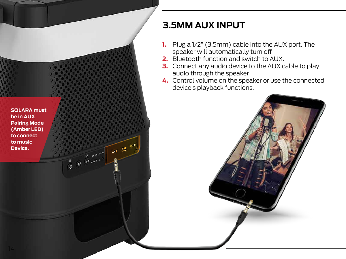 3.5MM AUX INPUT1.  Plug a 1/2” (3.5mm) cable into the AUX port. The   speaker will automatically turn o2.  Bluetooth  function and switch to AUX.3.  Connect any audio device to the AUX cable to play   audio through the speaker4.  Control volume on the speaker or use the connected   device’s playback functions.SOLARA must be in AUX Pairing Mode (Amber LED)to connect to music Device.14