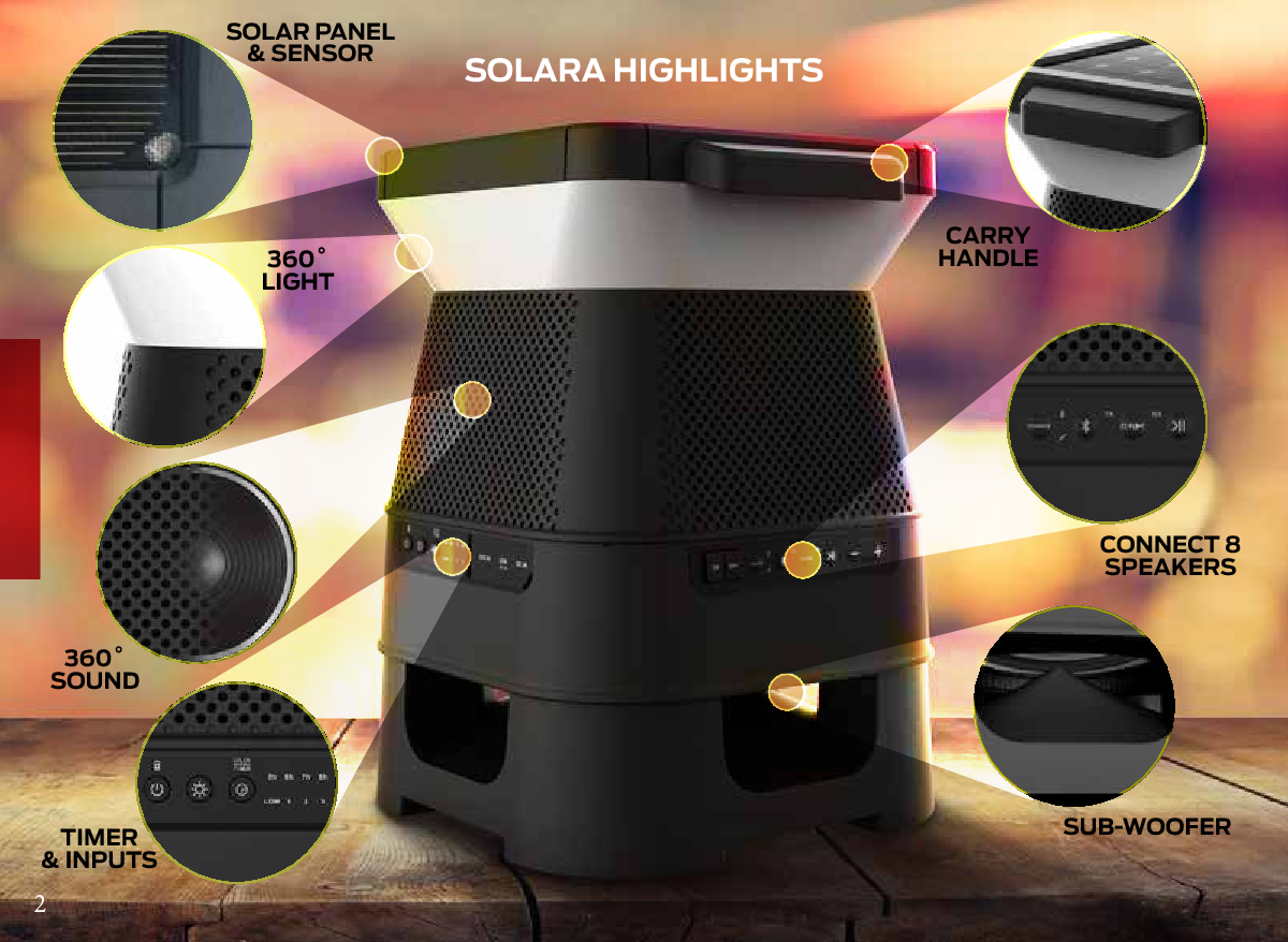 SOLARA HIGHLIGHTSSOLAR PANEL&amp; SENSOR360˚LIGHT 360˚SOUNDTIMER&amp; INPUTSCARRYHANDLESUB-WOOFERCONNECT 8SPEAKERS2