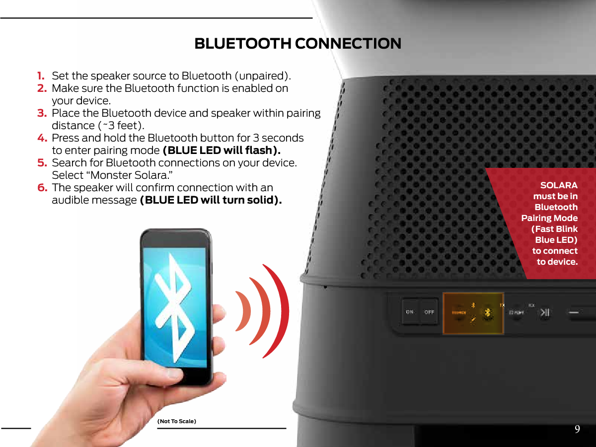 1.  Set the speaker source to Bluetooth (unpaired).2.  Make sure the Bluetooth function is enabled on  your device.3.  Place the Bluetooth device and speaker within pairing   distance (~3 feet).4.  Press and hold the Bluetooth button for 3 seconds  to enter pairing mode (BLUE LED will ﬂash).5.  Search for Bluetooth connections on your device.   Select “Monster Solara.”6.  The speaker will conﬁrm connection with an  audible message (BLUE LED will turn solid).BLUETOOTH CONNECTION(Not To Scale)SOLARA must be in Bluetooth Pairing  Mode  (Fast Blink Blue LED)to connect to device.9