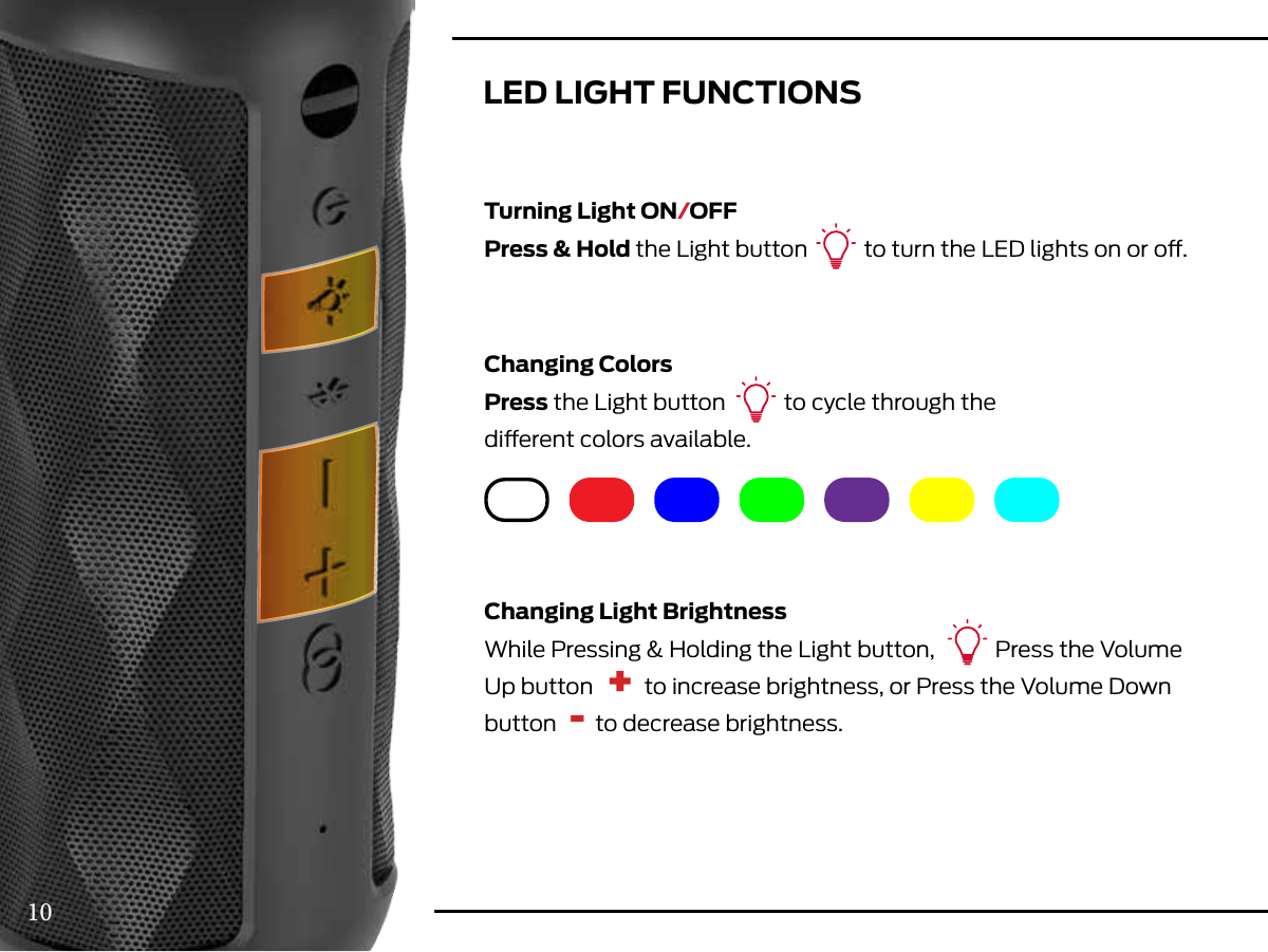 LED LIGHT FUNCTIONSTurning Light ON/OFFPress &amp; Hold the Light button  to turn the LED lights on or o.Changing ColorsPress the Light button  to cycle through thedierent colors available.Changing Light BrightnessWhile Pressing &amp; Holding the Light button,  Press the Volume Up button  +  to increase brightness, or Press the Volume Down button  -  to decrease brightness.10