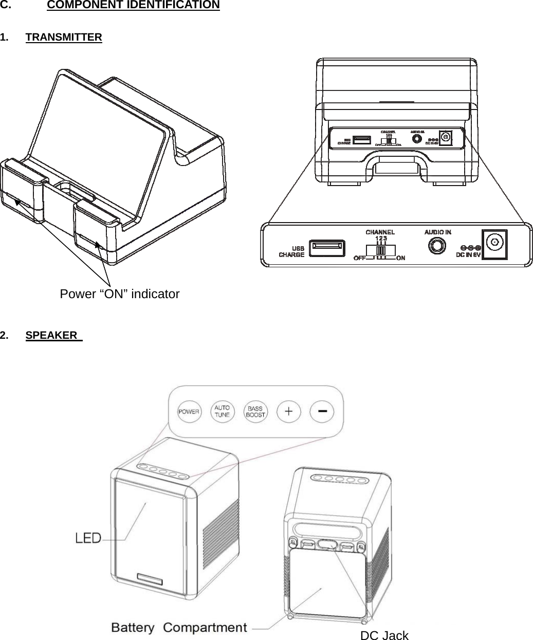 C.      COMPONENT IDENTIFICATION  1. TRANSMITTER        2. SPEAKER   Power “ON” indicator DC Jack 