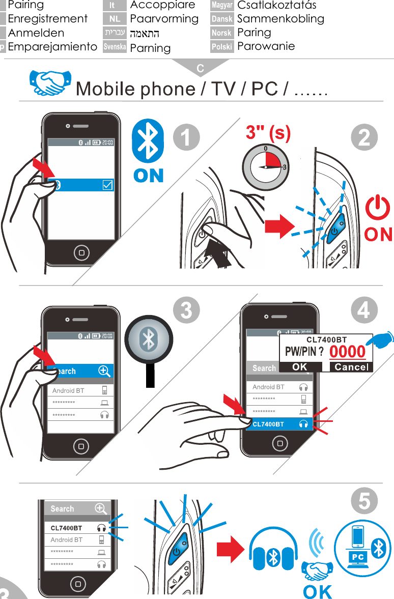  3                               Pairing Enregistrement Anmelden Emparejamiento Accoppiare Paarvorming המאתה Parning Csatlakoztatás Sammenkobling Paring Parowanie  