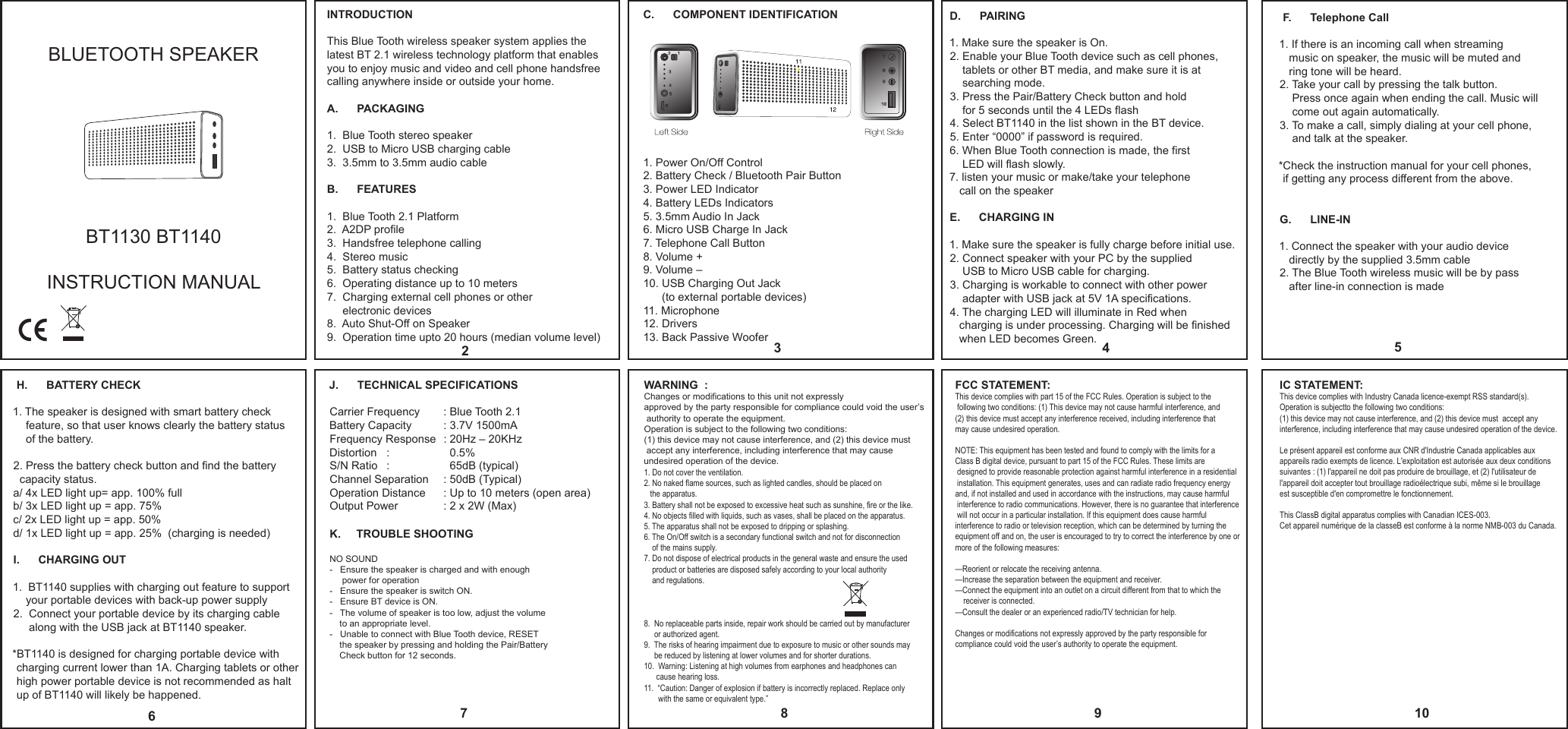  BLUETOOTH SPEAKERBT1130 BT1140INSTRUCTION MANUALINTRODUCTIONThis Blue Tooth wireless speaker system applies thelatest BT 2.1 wireless technology platform that enables you to enjoy music and video and cell phone handsfree calling anywhere inside or outside your home. A.      PACKAGING1.  Blue Tooth stereo speaker2.  USB to Micro USB charging cable3.  3.5mm to 3.5mm audio cableB.      FEATURES1.  Blue Tooth 2.1 Platform2.  A2DP profile3.  Handsfree telephone calling4.  Stereo music5.  Battery status checking6.  Operating distance up to 10 meters7.  Charging external cell phones or other      electronic devices8.  Auto Shut-Off on Speaker9.  Operation time upto 20 hours (median volume level) H.      BATTERY CHECK1. The speaker is designed with smart battery check     feature, so that user knows clearly the battery status     of the battery.2. Press the battery check button and find the battery   capacity status.a/ 4x LED light up= app. 100% fullb/ 3x LED light up = app. 75% c/ 2x LED light up = app. 50%d/ 1x LED light up = app. 25%  (charging is needed)I.      CHARGING OUT1.  BT1140 supplies with charging out feature to support     your portable devices with back-up power supply2.  Connect your portable device by its charging cable     along with the USB jack at BT1140 speaker. *BT1140 is designed for charging portable device with charging current lower than 1A. Charging tablets or other high power portable device is not recommended as halt up of BT1140 will likely be happened.J.      TECHNICAL SPECIFICATIONSCarrier Frequency  : Blue Tooth 2.1Battery Capacity  : 3.7V 1500mAFrequency Response  : 20Hz – 20KHzDistortion  :    0.5%S/N Ratio  :    65dB (typical)Channel Separation  : 50dB (Typical)Operation Distance  : Up to 10 meters (open area)Output Power  : 2 x 2W (Max)D.      PAIRING1. Make sure the speaker is On.2. Enable your Blue Tooth device such as cell phones,     tablets or other BT media, and make sure it is at    searching mode.3. Press the Pair/Battery Check button and hold     for 5 seconds until the 4 LEDs flash4. Select BT1140 in the list shown in the BT device. 5. Enter “0000” if password is required.6. When Blue Tooth connection is made, the first     LED will flash slowly.7. listen your music or make/take your telephone    call on the speakerE.      CHARGING IN1. Make sure the speaker is fully charge before initial use.2. Connect speaker with your PC by the supplied    USB to Micro USB cable for charging.3. Charging is workable to connect with other power    adapter with USB jack at 5V 1A specifications.4. The charging LED will illuminate in Red when    charging is under processing. Charging will be finished    when LED becomes Green.C.      COMPONENT IDENTIFICATION  1. Power On/Off Control2. Battery Check / Bluetooth Pair Button3. Power LED Indicator4. Battery LEDs Indicators5. 3.5mm Audio In Jack6. Micro USB Charge In Jack7. Telephone Call Button8. Volume +9. Volume –10. USB Charging Out Jack       (to external portable devices)11. Microphone12. Drivers13. Back Passive Woofer23 46 F.      Telephone Call1. If there is an incoming call when streaming    music on speaker, the music will be muted and   ring tone will be heard. 2. Take your call by pressing the talk button.     Press once again when ending the call. Music will    come out again automatically.3. To make a call, simply dialing at your cell phone,     and talk at the speaker.*Check the instruction manual for your cell phones,  if getting any process different from the above.G.      LINE-IN1. Connect the speaker with your audio device   directly by the supplied 3.5mm cable2. The Blue Tooth wireless music will be by pass   after line-in connection is made57WARNING  :Changes or modifications to this unit not expressly approved by the party responsible for compliance could void the user’s authority to operate the equipment.  Operation is subject to the following two conditions: (1) this device may not cause interference, and (2) this device must accept any interference, including interference that may cause undesired operation of the device.8K.     TROUBLE SHOOTINGNO SOUND-   Ensure the speaker is charged and with enough     power for operation-   Ensure the speaker is switch ON.-   Ensure BT device is ON.-   The volume of speaker is too low, adjust the volume     to an appropriate level.-   Unable to connect with Blue Tooth device, RESET     the speaker by pressing and holding the Pair/Battery    Check button for 12 seconds.1. Do not cover the ventilation. 2. No naked flame sources, such as lighted candles, should be placed on    the apparatus. 3. Battery shall not be exposed to excessive heat such as sunshine, fire or the like. 4. No objects filled with liquids, such as vases, shall be placed on the apparatus. 5. The apparatus shall not be exposed to dripping or splashing. 6. The On/Off switch is a secondary functional switch and not for disconnection     of the mains supply. 7. Do not dispose of electrical products in the general waste and ensure the used     product or batteries are disposed safely according to your local authority     and regulations.8.  No replaceable parts inside, repair work should be carried out by manufacturer     or authorized agent.  9.  The risks of hearing impairment due to exposure to music or other sounds may      be reduced by listening at lower volumes and for shorter durations.10.  Warning: Listening at high volumes from earphones and headphones can       cause hearing loss. 11.  “Caution: Danger of explosion if battery is incorrectly replaced. Replace only       with the same or equivalent type.”9FCC STATEMENT:This device complies with part 15 of the FCC Rules. Operation is subject to the following two conditions: (1) This device may not cause harmful interference, and (2) this device must accept any interference received, including interference that may cause undesired operation.NOTE: This equipment has been tested and found to comply with the limits for a Class B digital device, pursuant to part 15 of the FCC Rules. These limits are designed to provide reasonable protection against harmful interference in a residential installation. This equipment generates, uses and can radiate radio frequency energy and, if not installed and used in accordance with the instructions, may cause harmful interference to radio communications. However, there is no guarantee that interference will not occur in a particular installation. If this equipment does cause harmful interference to radio or television reception, which can be determined by turning the equipment off and on, the user is encouraged to try to correct the interference by one or more of the following measures:—Reorient or relocate the receiving antenna. —Increase the separation between the equipment and receiver. —Connect the equipment into an outlet on a circuit different from that to which the     receiver is connected. —Consult the dealer or an experienced radio/TV technician for help.Changes or modifications not expressly approved by the party responsible for compliance could void the user’s authority to operate the equipment.10IC STATEMENT:This device complies with Industry Canada licence-exempt RSS standard(s). Operation is subjectto the following two conditions: (1) this device may not cause interference, and (2) this device must  accept any interference, including interference that may cause undesired operation of the device.Le présent appareil est conforme aux CNR d&apos;Industrie Canada applicables aux appareils radio exempts de licence. L&apos;exploitation est autorisée aux deux conditions suivantes : (1) l&apos;appareil ne doit pas produire de brouillage, et (2) l&apos;utilisateur de l&apos;appareil doit accepter tout brouillage radioélectrique subi, même si le brouillage est susceptible d&apos;en compromettre le fonctionnement.This ClassB digital apparatus complies with Canadian ICES-003.Cet appareil numérique de la classeB est conforme à la norme NMB-003 du Canada.