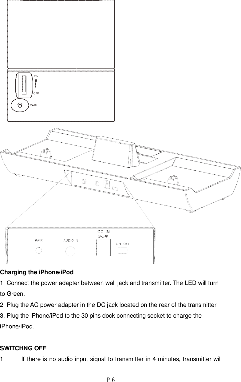 P.6Charging the iPhone/iPod1. Connect the power adapter between wall jack and transmitter. The LED will turnto Green.2. Plug the AC power adapter in the DC jack located on the rear of the transmitter.3. Plug the iPhone/iPod to the 30 pins dock connecting socket to charge theiPhone/iPod.SWITCHNG OFF1. If there is no audio input signal to transmitter in 4 minutes, transmitter will