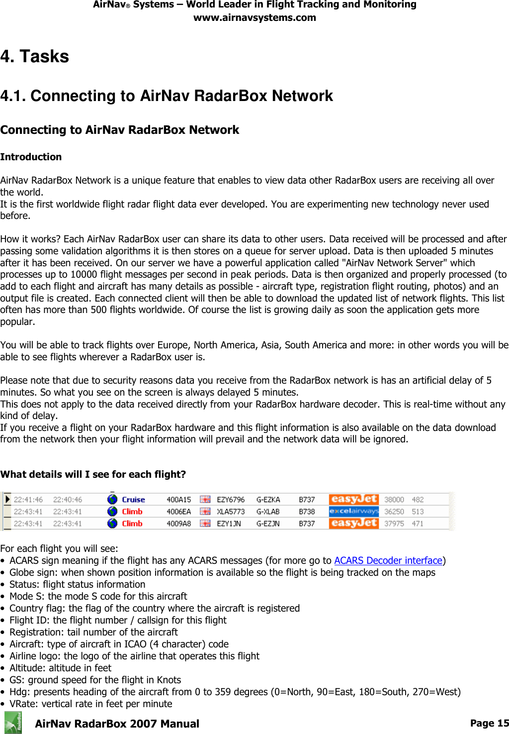 AirNav® Systems – World Leader in Flight Tracking and Monitoring www.airnavsystems.com   AirNav RadarBox 2007 Manual  Page 15       4. Tasks  4.1. Connecting to AirNav RadarBox Network  Connecting to AirNav RadarBox Network  Introduction  AirNav RadarBox Network is a unique feature that enables to view data other RadarBox users are receiving all over the world. It is the first worldwide flight radar flight data ever developed. You are experimenting new technology never used before.  How it works? Each AirNav RadarBox user can share its data to other users. Data received will be processed and after passing some validation algorithms it is then stores on a queue for server upload. Data is then uploaded 5 minutes after it has been received. On our server we have a powerful application called &quot;AirNav Network Server&quot; which processes up to 10000 flight messages per second in peak periods. Data is then organized and properly processed (to add to each flight and aircraft has many details as possible - aircraft type, registration flight routing, photos) and an output file is created. Each connected client will then be able to download the updated list of network flights. This list often has more than 500 flights worldwide. Of course the list is growing daily as soon the application gets more popular.  You will be able to track flights over Europe, North America, Asia, South America and more: in other words you will be able to see flights wherever a RadarBox user is.  Please note that due to security reasons data you receive from the RadarBox network is has an artificial delay of 5 minutes. So what you see on the screen is always delayed 5 minutes. This does not apply to the data received directly from your RadarBox hardware decoder. This is real-time without any kind of delay. If you receive a flight on your RadarBox hardware and this flight information is also available on the data download from the network then your flight information will prevail and the network data will be ignored.   What details will I see for each flight?    For each flight you will see: •  ACARS sign meaning if the flight has any ACARS messages (for more go to ACARS Decoder interface) •  Globe sign: when shown position information is available so the flight is being tracked on the maps •  Status: flight status information •  Mode S: the mode S code for this aircraft •  Country flag: the flag of the country where the aircraft is registered •  Flight ID: the flight number / callsign for this flight •  Registration: tail number of the aircraft •  Aircraft: type of aircraft in ICAO (4 character) code •  Airline logo: the logo of the airline that operates this flight •  Altitude: altitude in feet •  GS: ground speed for the flight in Knots •  Hdg: presents heading of the aircraft from 0 to 359 degrees (0=North, 90=East, 180=South, 270=West) •  VRate: vertical rate in feet per minute 