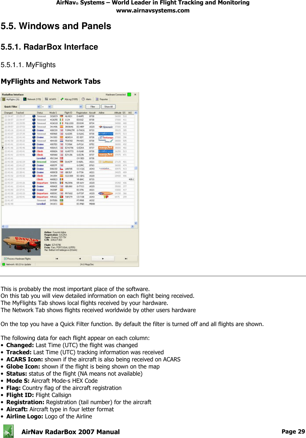 AirNav® Systems – World Leader in Flight Tracking and Monitoring www.airnavsystems.com   AirNav RadarBox 2007 Manual  Page 29      5.5. Windows and Panels  5.5.1. RadarBox Interface  5.5.1.1. MyFlights  MyFlights and Network Tabs       This is probably the most important place of the software. On this tab you will view detailed information on each flight being received. The MyFlights Tab shows local flights received by your hardware. The Network Tab shows flights received worldwide by other users hardware  On the top you have a Quick Filter function. By default the filter is turned off and all flights are shown.  The following data for each flight appear on each column: •  Changed: Last Time (UTC) the flight was changed •  Tracked: Last Time (UTC) tracking information was received •  ACARS Icon: shown if the aircraft is also being received on ACARS •  Globe Icon: shown if the flight is being shown on the map •  Status: status of the flight (NA means not available) •  Mode S: Aircraft Mode-s HEX Code •  Flag: Country flag of the aircraft registration •  Flight ID: Flight Callsign •  Registration: Registration (tail number) for the aircraft •  Aircaft: Aircraft type in four letter format •  Airline Logo: Logo of the Airline 