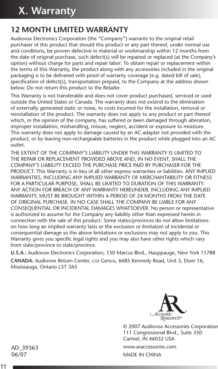 Page 12 of 12 - Acoustic-Research Acoustic-Research-Aw-871-Users-Manual-  Acoustic-research-aw-871-users-manual