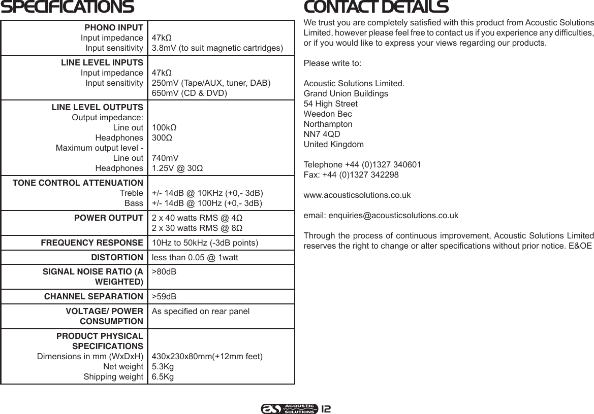 Page 12 of 12 - Acoustical-Solutions Acoustical-Solutions-Sp-101-Users-Manual-  Acoustical-solutions-sp-101-users-manual