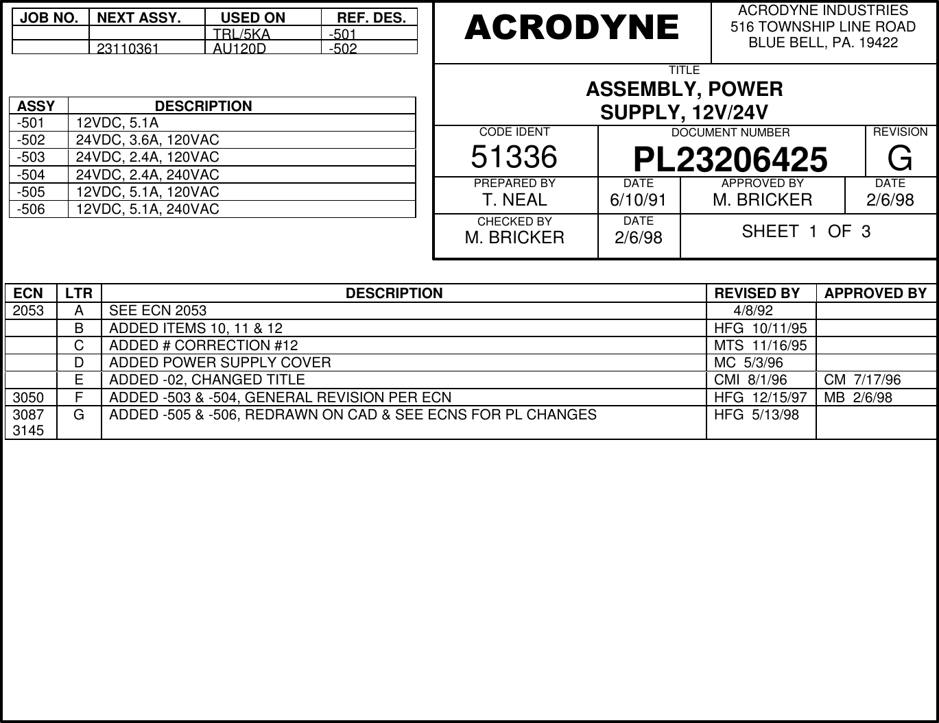 JOB NO.NEXT ASSY.  USED ON  REF. DES.TRL/5KA-50123110361AU120D-502ASSY                    DESCRIPTION-501 12VDC, 5.1A-502 24VDC, 3.6A, 120VAC-503 24VDC, 2.4A, 120VAC-504 24VDC, 2.4A, 240VAC-505 12VDC, 5.1A, 120VAC-506 12VDC, 5.1A, 240VACECN LTR                                                             DESCRIPTION REVISED BY APPROVED BY2053 ASEE ECN 2053      4/8/92BADDED ITEMS 10, 11 &amp; 12 HFG  10/11/95CADDED # CORRECTION #12 MTS  11/16/95DADDED POWER SUPPLY COVER MC  5/3/96EADDED -02, CHANGED TITLE CMI  8/1/96 CM  7/17/963050 FADDED -503 &amp; -504, GENERAL REVISION PER ECN HFG  12/15/97 MB  2/6/9830873145 GADDED -505 &amp; -506, REDRAWN ON CAD &amp; SEE ECNS FOR PL CHANGES HFG  5/13/98ACRODYNE INDUSTRIES516 TOWNSHIP LINE ROADBLUE BELL, PA. 19422TITLEASSEMBLY, POWERSUPPLY, 12V/24VCODE IDENT51336 DOCUMENT NUMBERPL23206425REVISIONGPREPARED BYT. NEALCHECKED BYM. BRICKERDATE6/10/91DATE2/6/98APPROVED BYM. BRICKER DATE2/6/98ACRODYNESHEET  1  OF  3