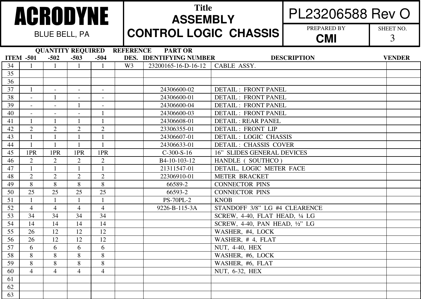                    QUANTITY REQUIRED     REFERENCE        PART ORITEM  -501       -502       -503        -504           DES.   IDENTIFYING NUMBER                                   DESCRIPTION                                           VENDER PL23206588 Rev OACRODYNEBLUE BELL, PATitleASSEMBLYCONTROL LOGIC  CHASSIS PREPARED BYCMI SHEET NO.334 1 1 1 1 W3 23200165-16-D-16-12 CABLE  ASSY.353637 1 - - - 24306600-02 DETAIL :  FRONT PANEL38 -1- - 24306600-01 DETAIL :  FRONT PANEL39 - - 1-24306600-04 DETAIL :  FRONT PANEL40 - - - 124306600-03 DETAIL :  FRONT PANEL41 1 1 1 1 24306608-01 DETAIL : REAR PANEL42 2 2 2 2 23306355-01 DETAIL :  FRONT  LIP43 1 1 1 1 24306607-01 DETAIL :  LOGIC  CHASSIS44 1 1 1 1 24306633-01 DETAIL :  CHASSIS  COVER45 1PR 1PR 1PR 1PR C-300-S-16 16&rdquo;  SLIDES GENERAL DEVICES46 2 2 2 2 B4-10-103-12 HANDLE  (  SOUTHCO )47 1 1 1 1 21311547-01 DETAIL,  LOGIC  METER  FACE48 2 2 2 2 22306910-01 METER  BRACKET49 8 8 8 8 66589-2 CONNECTOR  PINS50 25 25 25 25 66593-2 CONNECTOR  PINS51 1 1 1 1 PS-70PL-2 KNOB52 4 4 4 4 9226-B-115-3A STANDOFF  3/8&rdquo;  LG  #4  CLEARENCE53 34 34 34 34 SCREW,  4-40,  FLAT  HEAD,  &frac14;  LG54 14 14 14 14 SCREW,  4-40,  PAN  HEAD,  &frac12;&rdquo;  LG55 26 12 12 12 WASHER,  #4,  LOCK56 26 12 12 12 WASHER,  #  4,  FLAT57 6 6 6 6 NUT,  4-40,  HEX58 8 8 8 8 WASHER,  #6,  LOCK59 8 8 8 8 WASHER,  #6,  FLAT60 4 4 4 4 NUT,  6-32,  HEX616263