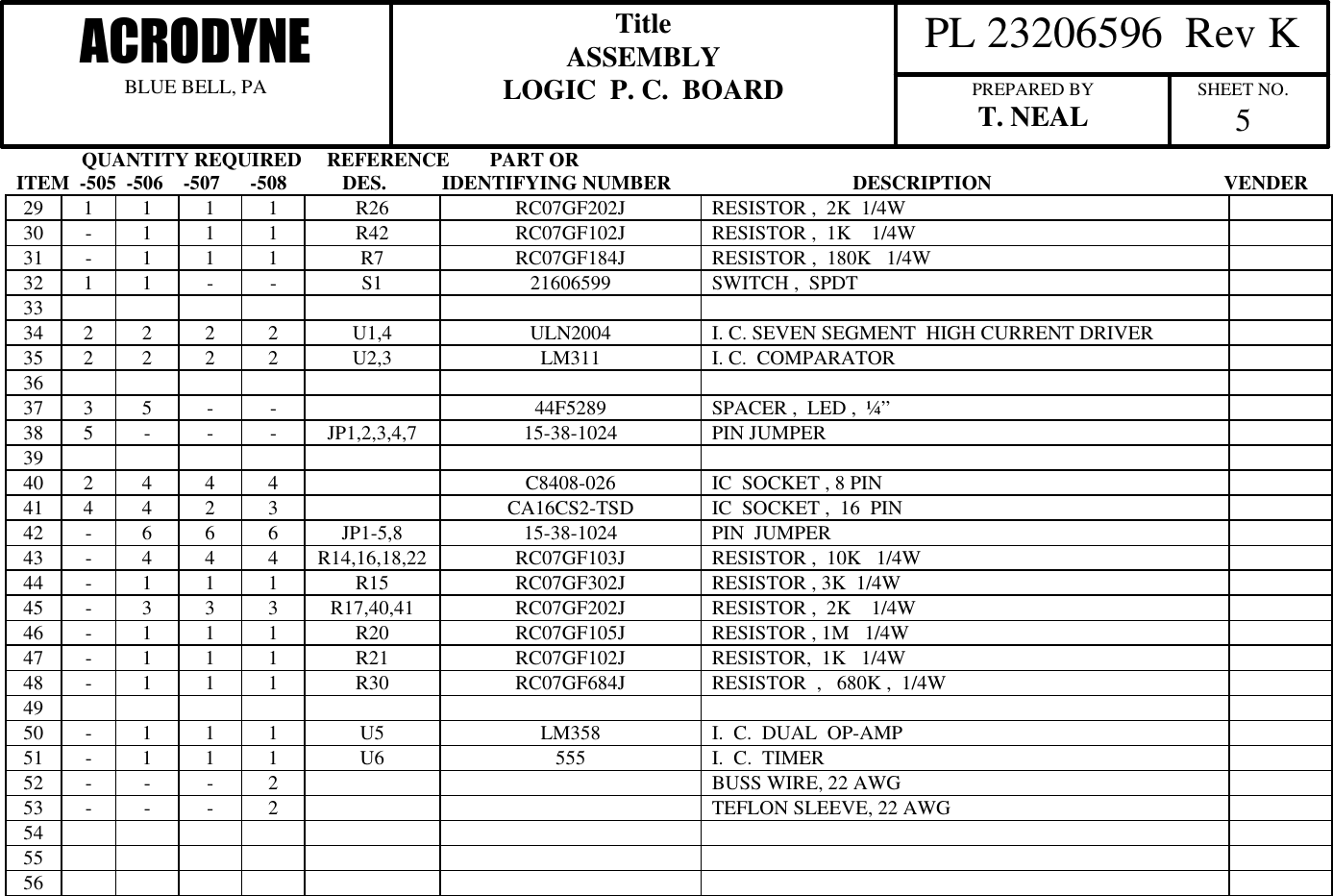              QUANTITY REQUIRED     REFERENCE        PART ORITEM  -505  -506    -507      -508           DES.           IDENTIFYING NUMBER                                    DESCRIPTION                                              VENDER  PL 23206596  Rev KACRODYNEBLUE BELL, PATitleASSEMBLYLOGIC  P. C.  BOARD PREPARED BYT. NEAL SHEET NO.529 1 1 1 1 R26 RC07GF202J RESISTOR ,  2K  1/4W30 -1 1 1 R42 RC07GF102J RESISTOR ,  1K    1/4W31 -1 1 1 R7 RC07GF184J RESISTOR ,  180K   1/4W32 1 1 - - S1 21606599 SWITCH ,  SPDT3334 2 2 2 2 U1,4 ULN2004 I. C. SEVEN SEGMENT  HIGH CURRENT DRIVER35 2 2 2 2 U2,3 LM311 I. C.  COMPARATOR3637 3 5 - - 44F5289 SPACER ,  LED ,  &frac14;&rdquo;38 5 - - - JP1,2,3,4,7 15-38-1024 PIN JUMPER3940 2 4 4 4 C8408-026 IC  SOCKET , 8 PIN41 4 4 2 3 CA16CS2-TSD IC  SOCKET ,  16  PIN42 -6 6 6 JP1-5,8 15-38-1024 PIN  JUMPER43 -4 4 4 R14,16,18,22 RC07GF103J RESISTOR ,  10K   1/4W44 -1 1 1 R15 RC07GF302J RESISTOR , 3K  1/4W45 -3 3 3 R17,40,41 RC07GF202J RESISTOR ,  2K    1/4W46 -1 1 1 R20 RC07GF105J RESISTOR , 1M   1/4W47 -1 1 1 R21 RC07GF102J RESISTOR,  1K   1/4W48 -1 1 1 R30 RC07GF684J RESISTOR  ,   680K ,  1/4W4950 -1 1 1 U5 LM358 I.  C.  DUAL  OP-AMP51 -1 1 1 U6 555 I.  C.  TIMER52 - - - 2BUSS WIRE, 22 AWG53 - - - 2TEFLON SLEEVE, 22 AWG545556