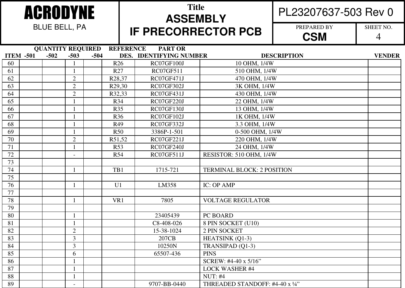                    QUANTITY REQUIRED     REFERENCE        PART ORITEM  -501       -502       -503        -504           DES.   IDENTIFYING NUMBER                                   DESCRIPTION                                              VENDER PL23207637-503 Rev 0ACRODYNEBLUE BELL, PATitleASSEMBLYIF PRECORRECTOR PCB PREPARED BYCSM SHEET NO.460 1 R26 RC07GF100J                      10 OHM, 1/4W61 1 R27 RC07GF511                      510 OHM, 1/4W62 2 R28,37 RC07GF471J                      470 OHM, 1/4W63 2 R29,30 RC07GF302J                      3K OHM, 1/4W64 2 R32,33 RC07GF431J                      430 OHM, 1/4W65 1 R34 RC07GF220J                      22 OHM, 1/4W66 1 R35 RC07GF130J                      13 OHM, 1/4W67 1 R36 RC07GF102J                      1K OHM, 1/4W68 1 R49 RC07GF332J                      3.3 OHM, 1/4W69 1 R50 3386P-1-501                      0-500 OHM, 1/4W70 2 R51,52 RC07GF221J                      220 OHM, 1/4W71 1 R53 RC07GF240J                      24 OHM, 1/4W72 -R54 RC07GF511J RESISTOR: 510 OHM, 1/4W7374 1 TB1 1715-721 TERMINAL BLOCK: 2 POSITION7576 1 U1 LM358 IC: OP AMP7778 1 VR1 7805 VOLTAGE REGULATOR7980 1 23405439 PC BOARD81 1 C8-408-026 8 PIN SOCKET (U10)82 2 15-38-1024 2 PIN SOCKET83 3 207CB HEATSINK (Q1-3)84 3 10250N TRANSIPAD (Q1-3)85 6 65507-436 PINS86 1 SCREW: #4-40 x 5/16&rdquo;87 1 LOCK WASHER #488 1 NUT: #489 -9707-BB-0440 THREADED STANDOFF: #4-40 x &frac14;&rdquo;