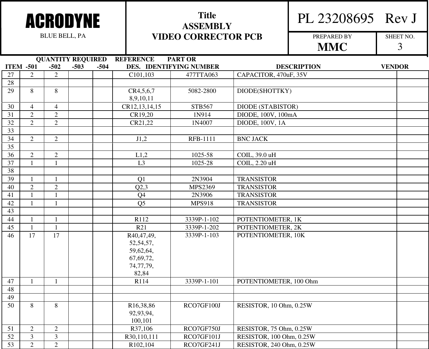                    QUANTITY REQUIRED     REFERENCE        PART ORITEM  -501       -502       -503        -504           DES.   IDENTIFYING NUMBER                                   DESCRIPTION                                     VENDOR  PL 23208695   Rev JACRODYNEBLUE BELL, PATitleASSEMBLYVIDEO CORRECTOR PCB PREPARED BYMMC SHEET NO.327 2 2 C101,103 477TTA063 CAPACITOR, 470uF, 35V2829 8 8 CR4,5,6,78,9,10,11 5082-2800 DIODE(SHOTTKY)30 4 4 CR12,13,14,15 STB567 DIODE (STABISTOR)31 2 2 CR19,20 1N914 DIODE, 100V, 100mA32 2 2 CR21,22 1N4007 DIODE, 100V, 1A3334 2 2 J1,2 RFB-1111 BNC JACK3536 2 2 L1,2 1025-58 COIL, 39.0 uH37 1 1 L3 1025-28 COIL, 2.20 uH3839 1 1 Q1 2N3904 TRANSISTOR40 2 2 Q2,3 MPS2369 TRANSISTOR41 1 1 Q4 2N3906 TRANSISTOR42 1 1 Q5 MPS918 TRANSISTOR4344 1 1 R112 3339P-1-102 POTENTIOMETER, 1K45 1 1 R21 3339P-1-202 POTENTIOMETER, 2K46 17 17 R40,47,49,52,54,57,59,62,64,67,69,72,74,77,79,82,843339P-1-103 POTENTIOMETER, 10K47 1 1 R114 3339P-1-101 POTENTIOMETER, 100 Ohm484950 8 8 R16,38,8692,93,94,100,101RCO7GF100J RESISTOR, 10 Ohm, 0.25W51 2 2 R37,106 RCO7GF750J RESISTOR, 75 Ohm, 0.25W52 3 3 R30,110,111 RCO7GF101J RESISTOR, 100 Ohm, 0.25W53 2 2 R102,104 RCO7GF241J RESISTOR, 240 Ohm, 0.25W