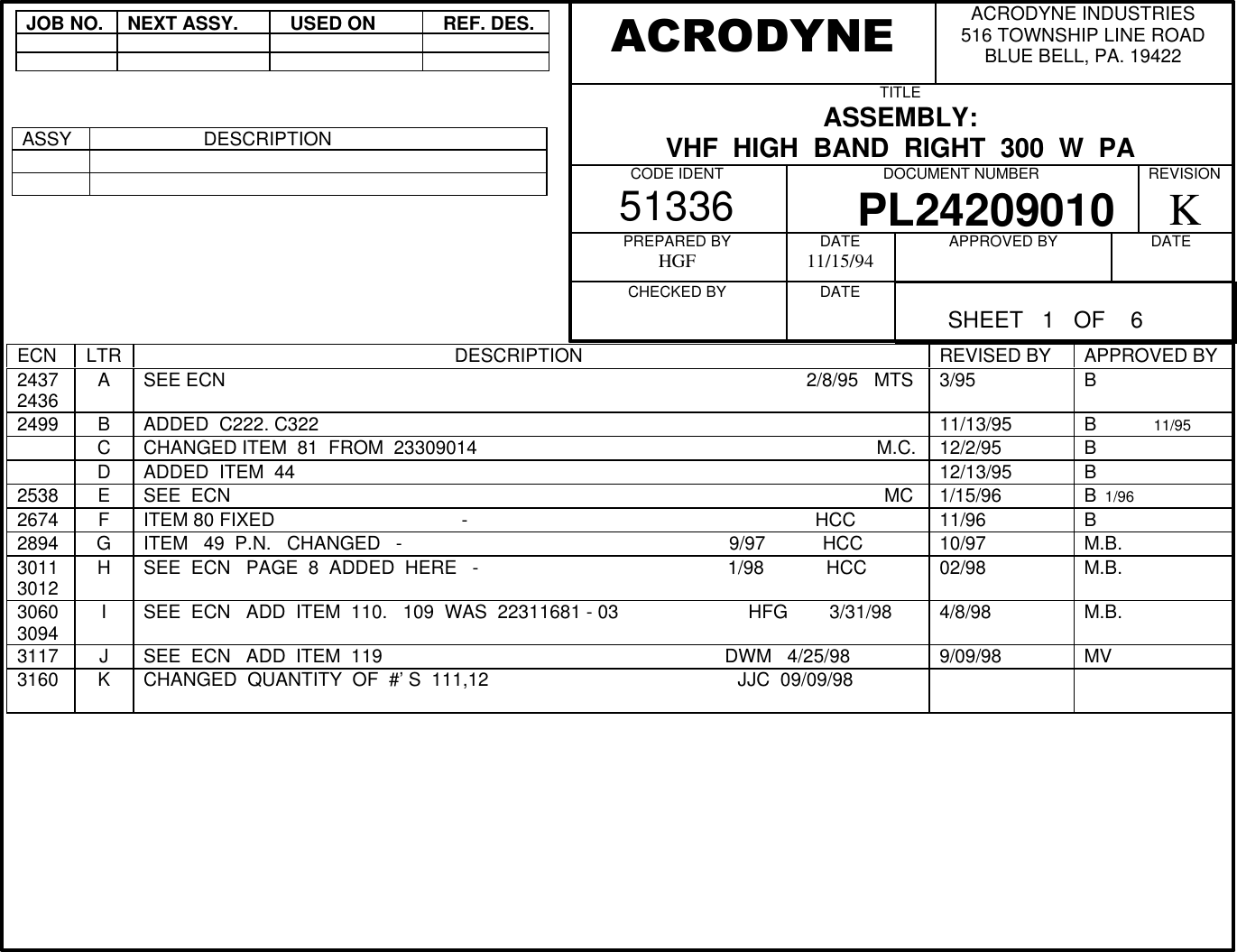 JOB NO.NEXT ASSY.  USED ON  REF. DES.ASSY                    DESCRIPTIONECN LTR                                                             DESCRIPTION REVISED BY APPROVED BY24372436 ASEE ECN                                                                                                                2/8/95   MTS 3/95 B2499 BADDED  C222. C322 11/13/95 B           11/95CCHANGED ITEM  81  FROM  23309014                                                                             M.C. 12/2/95 BDADDED  ITEM  44 12/13/95 B2538 ESEE  ECN                                                                                                                              MC 1/15/96 B  1/962674 FITEM 80 FIXED                                    -                                                                   HCC 11/96 B2894 GITEM   49  P.N.   CHANGED   -                                                               9/97           HCC 10/97 M.B.30113012 HSEE  ECN   PAGE  8  ADDED  HERE   -                                                1/98            HCC 02/98 M.B.30603094 ISEE  ECN   ADD  ITEM  110.   109  WAS  22311681 - 03                         HFG        3/31/98 4/8/98 M.B.3117 JSEE  ECN   ADD  ITEM  119                                                                  DWM   4/25/98 9/09/98 MV3160 KCHANGED  QUANTITY  OF  #&rsquo; S  111,12                                                JJC  09/09/98ACRODYNE INDUSTRIES516 TOWNSHIP LINE ROADBLUE BELL, PA. 19422TITLEASSEMBLY:VHF  HIGH  BAND  RIGHT  300  W  PA  CODE IDENT51336 DOCUMENT NUMBER    PL24209010      REVISIONKPREPARED BYHGFCHECKED BY          DATE11/15/94DATE          APPROVED BY DATEACRODYNE          SHEET   1   OF    6        