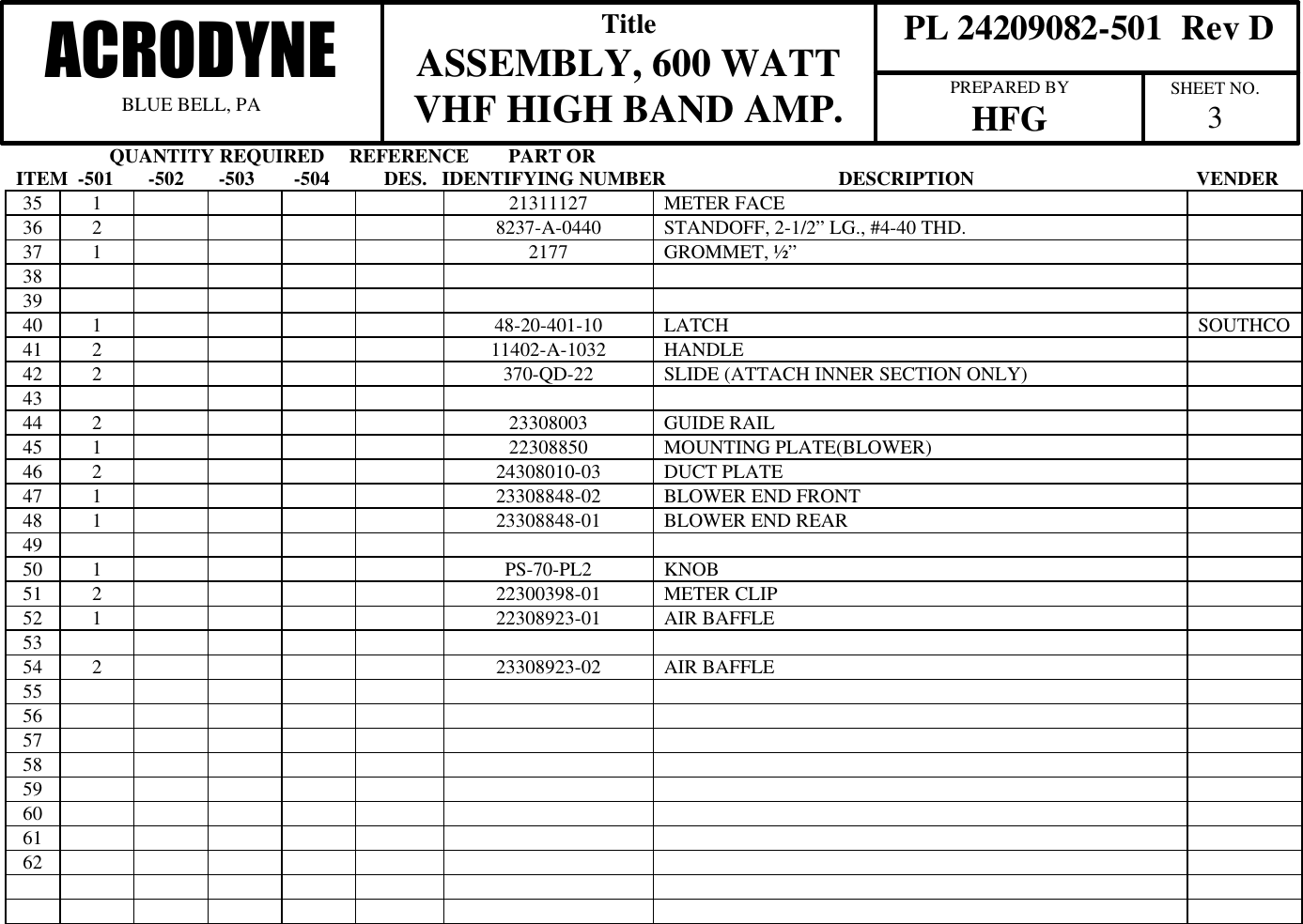                    QUANTITY REQUIRED     REFERENCE        PART ORITEM  -501       -502       -503        -504           DES.   IDENTIFYING NUMBER                                   DESCRIPTION                                             VENDER  PL 24209082-501  Rev DACRODYNEBLUE BELL, PATitleASSEMBLY, 600 WATTVHF HIGH BAND AMP. PREPARED BYHFG SHEET NO.335 1 21311127 METER FACE36 2 8237-A-0440 STANDOFF, 2-1/2&rdquo; LG., #4-40 THD.37 1 2177 GROMMET, &frac12;&rdquo;383940 1 48-20-401-10 LATCH SOUTHCO41 2 11402-A-1032 HANDLE42 2 370-QD-22 SLIDE (ATTACH INNER SECTION ONLY)4344 2 23308003 GUIDE RAIL45 1 22308850 MOUNTING PLATE(BLOWER)46 2 24308010-03 DUCT PLATE47 1 23308848-02 BLOWER END FRONT48 1 23308848-01 BLOWER END REAR4950 1 PS-70-PL2 KNOB51 2 22300398-01 METER CLIP52 1 22308923-01 AIR BAFFLE5354 2 23308923-02 AIR BAFFLE5556575859606162