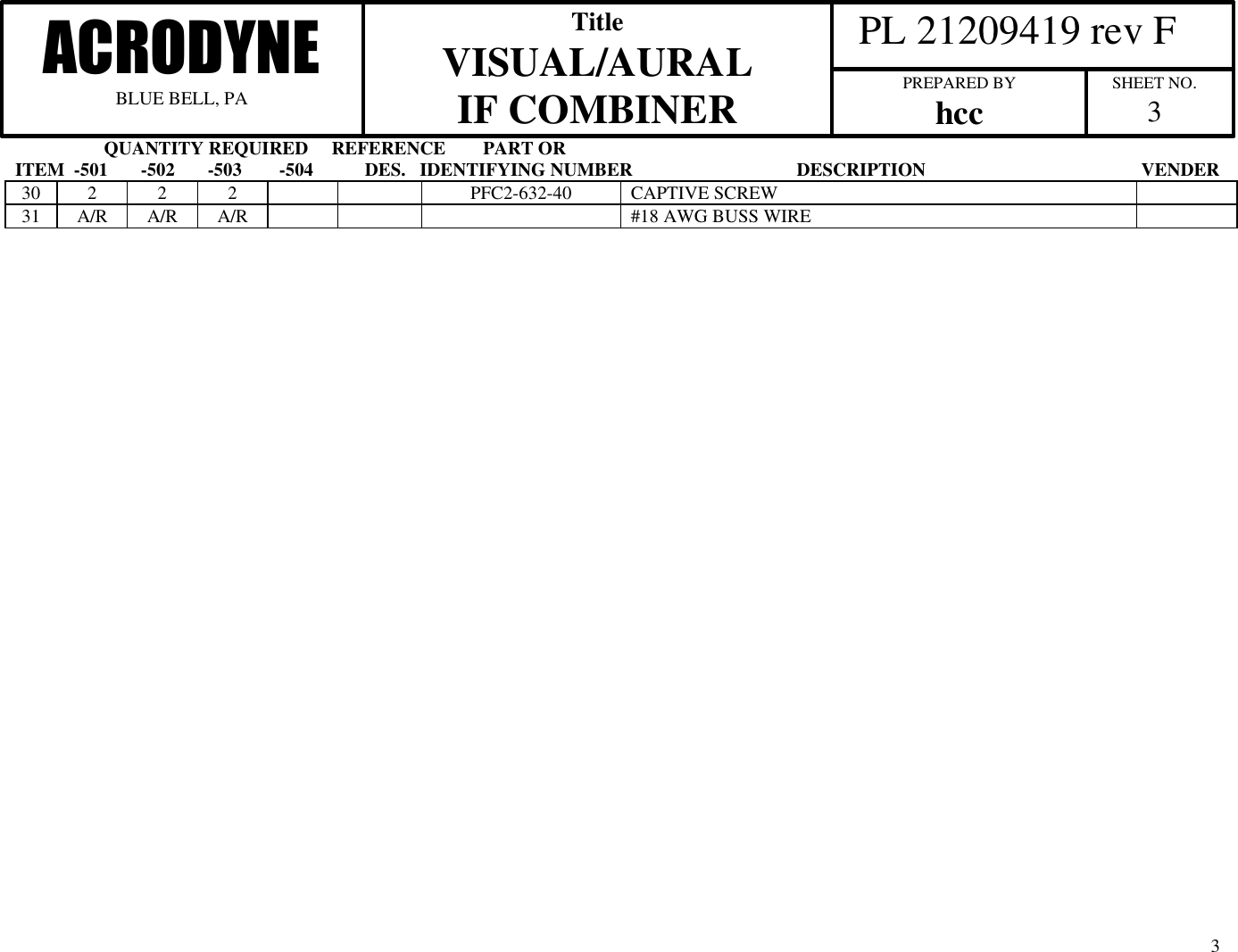                    QUANTITY REQUIRED     REFERENCE        PART ORITEM  -501       -502       -503        -504           DES.   IDENTIFYING NUMBER                                   DESCRIPTION                                              VENDER  PL 21209419 rev FACRODYNEBLUE BELL, PATitleVISUAL/AURALIF COMBINER PREPARED BYhcc SHEET NO.3330 2 2 2 PFC2-632-40 CAPTIVE SCREW31 A/R A/R A/R #18 AWG BUSS WIRE