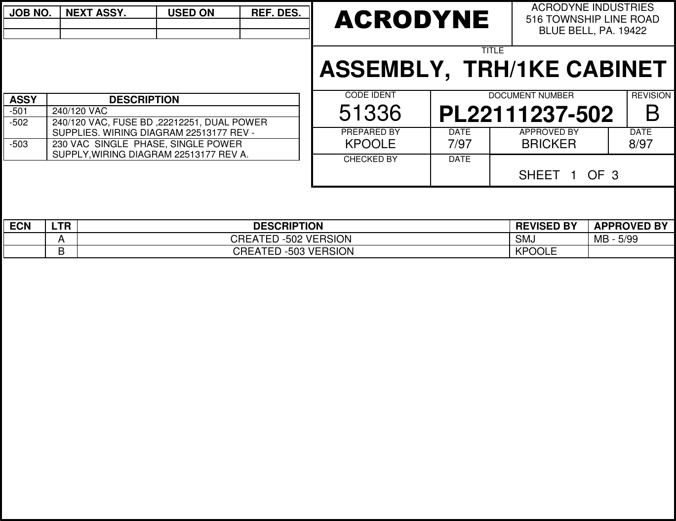 JOB NO.NEXT ASSY.  USED ON  REF. DES.ASSY                    DESCRIPTION-501 240/120 VAC-502 240/120 VAC, FUSE BD ,22212251, DUAL POWERSUPPLIES. WIRING DIAGRAM 22513177 REV --503 230 VAC  SINGLE  PHASE, SINGLE POWERSUPPLY,WIRING DIAGRAM 22513177 REV A.ECN LTR                                                             DESCRIPTION REVISED BY APPROVED BYA                                                    CREATED -502 VERSION SMJ MB - 5/99BCREATED -503 VERSION KPOOLEACRODYNE INDUSTRIES516 TOWNSHIP LINE ROADBLUE BELL, PA. 19422TITLEASSEMBLY,  TRH/1KE CABINETCODE IDENT51336 DOCUMENT NUMBERPL22111237-502 REVISION  BPREPARED BYKPOOLECHECKED BY          DATE7/97DATE          APPROVED BYBRICKER DATE8/97ACRODYNE          SHEET   1   OF  3
