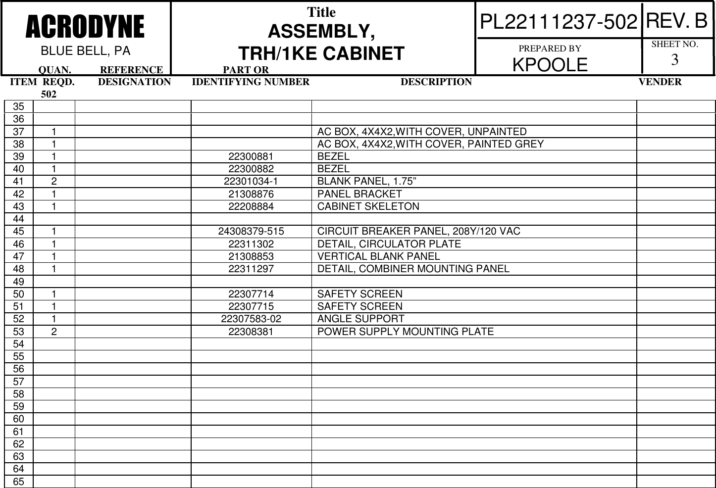            QUAN.           REFERENCE                       PART ORITEM  REQD.         DESIGNATION        IDENTIFYING NUMBER                                   DESCRIPTION                                                                VENDER            502REV. BTitleASSEMBLY,TRH/1KE CABINETPL22111237-502ACRODYNEBLUE BELL, PA SHEET NO.3PREPARED BYKPOOLE353637 1 AC BOX, 4X4X2,WITH COVER, UNPAINTED38 1 AC BOX, 4X4X2,WITH COVER, PAINTED GREY39 1 22300881 BEZEL40 1 22300882 BEZEL41 2 22301034-1 BLANK PANEL, 1.75&rdquo;42 1 21308876 PANEL BRACKET43 1 22208884 CABINET SKELETON4445 1 24308379-515 CIRCUIT BREAKER PANEL, 208Y/120 VAC46 1 22311302 DETAIL, CIRCULATOR PLATE47 1 21308853 VERTICAL BLANK PANEL48 1 22311297 DETAIL, COMBINER MOUNTING PANEL4950 1 22307714 SAFETY SCREEN51 1 22307715 SAFETY SCREEN52 1 22307583-02 ANGLE SUPPORT53 2 22308381 POWER SUPPLY MOUNTING PLATE545556575859606162636465