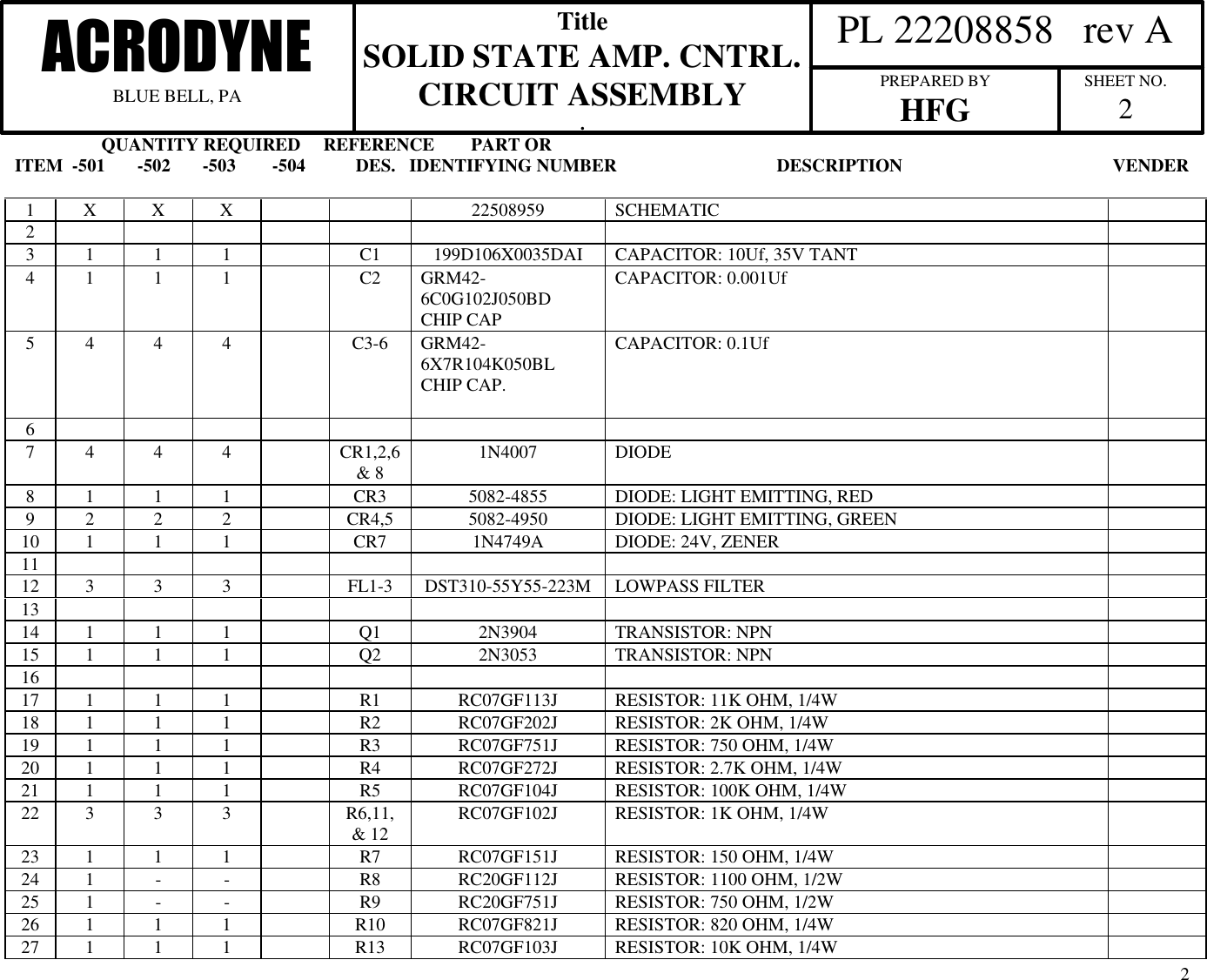                    QUANTITY REQUIRED     REFERENCE        PART ORITEM  -501       -502       -503        -504           DES.   IDENTIFYING NUMBER                                   DESCRIPTION                                              VENDER  PL 22208858   rev AACRODYNEBLUE BELL, PATitleSOLID STATE AMP. CNTRL.CIRCUIT ASSEMBLY.PREPARED BYHFG SHEET NO.221X X X 22508959 SCHEMATIC23 1 1 1 C1 199D106X0035DAI CAPACITOR: 10Uf, 35V TANT4 1 1 1 C2 GRM42-6C0G102J050BDCHIP CAPCAPACITOR: 0.001Uf5 4 4 4 C3-6 GRM42-6X7R104K050BLCHIP CAP.CAPACITOR: 0.1Uf67 4 4 4 CR1,2,6&amp; 8 1N4007 DIODE8 1 1 1 CR3 5082-4855 DIODE: LIGHT EMITTING, RED9 2 2 2 CR4,5 5082-4950 DIODE: LIGHT EMITTING, GREEN10 1 1 1 CR7 1N4749A DIODE: 24V, ZENER1112 3 3 3 FL1-3 DST310-55Y55-223M LOWPASS FILTER1314 1 1 1 Q1 2N3904 TRANSISTOR: NPN15 1 1 1 Q2 2N3053 TRANSISTOR: NPN1617 1 1 1 R1 RC07GF113J RESISTOR: 11K OHM, 1/4W18 1 1 1 R2 RC07GF202J RESISTOR: 2K OHM, 1/4W19 1 1 1 R3 RC07GF751J RESISTOR: 750 OHM, 1/4W20 1 1 1 R4 RC07GF272J RESISTOR: 2.7K OHM, 1/4W21 1 1 1 R5 RC07GF104J RESISTOR: 100K OHM, 1/4W22 3 3 3 R6,11,&amp; 12 RC07GF102J RESISTOR: 1K OHM, 1/4W23 1 1 1 R7 RC07GF151J RESISTOR: 150 OHM, 1/4W24 1 - - R8 RC20GF112J RESISTOR: 1100 OHM, 1/2W25 1 - - R9 RC20GF751J RESISTOR: 750 OHM, 1/2W26 1 1 1 R10 RC07GF821J RESISTOR: 820 OHM, 1/4W27 1 1 1 R13 RC07GF103J RESISTOR: 10K OHM, 1/4W
