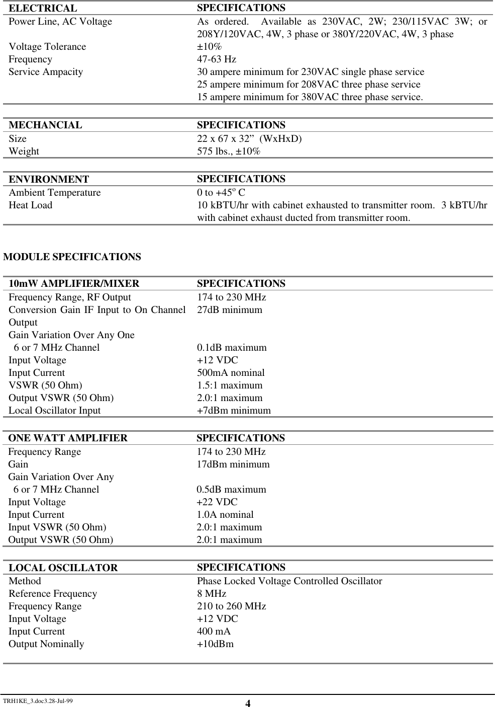 TRH1KE_3.doc3.28-Jul-99 4ELECTRICAL SPECIFICATIONSPower Line, AC Voltage As ordered.  Available as 230VAC, 2W; 230/115VAC 3W; or208Y/120VAC, 4W, 3 phase or 380Y/220VAC, 4W, 3 phaseVoltage Tolerance &plusmn;10%Frequency 47-63 HzService Ampacity 30 ampere minimum for 230VAC single phase service25 ampere minimum for 208VAC three phase service15 ampere minimum for 380VAC three phase service.MECHANCIAL SPECIFICATIONSSize 22 x 67 x 32&rdquo;  (WxHxD)Weight 575 lbs., &plusmn;10%ENVIRONMENT SPECIFICATIONSAmbient Temperature 0 to +45o CHeat Load 10 kBTU/hr with cabinet exhausted to transmitter room.  3 kBTU/hrwith cabinet exhaust ducted from transmitter room.MODULE SPECIFICATIONS10mW AMPLIFIER/MIXER SPECIFICATIONSFrequency Range, RF Output 174 to 230 MHzConversion Gain IF Input to On ChannelOutput 27dB minimumGain Variation Over Any One  6 or 7 MHz Channel 0.1dB maximumInput Voltage +12 VDCInput Current 500mA nominalVSWR (50 Ohm) 1.5:1 maximumOutput VSWR (50 Ohm) 2.0:1 maximumLocal Oscillator Input +7dBm minimumONE WATT AMPLIFIER SPECIFICATIONSFrequency Range 174 to 230 MHzGain 17dBm minimumGain Variation Over Any  6 or 7 MHz Channel 0.5dB maximumInput Voltage +22 VDCInput Current 1.0A nominalInput VSWR (50 Ohm) 2.0:1 maximumOutput VSWR (50 Ohm) 2.0:1 maximumLOCAL OSCILLATOR SPECIFICATIONSMethod Phase Locked Voltage Controlled OscillatorReference Frequency 8 MHzFrequency Range 210 to 260 MHzInput Voltage +12 VDCInput Current 400 mAOutput Nominally +10dBm