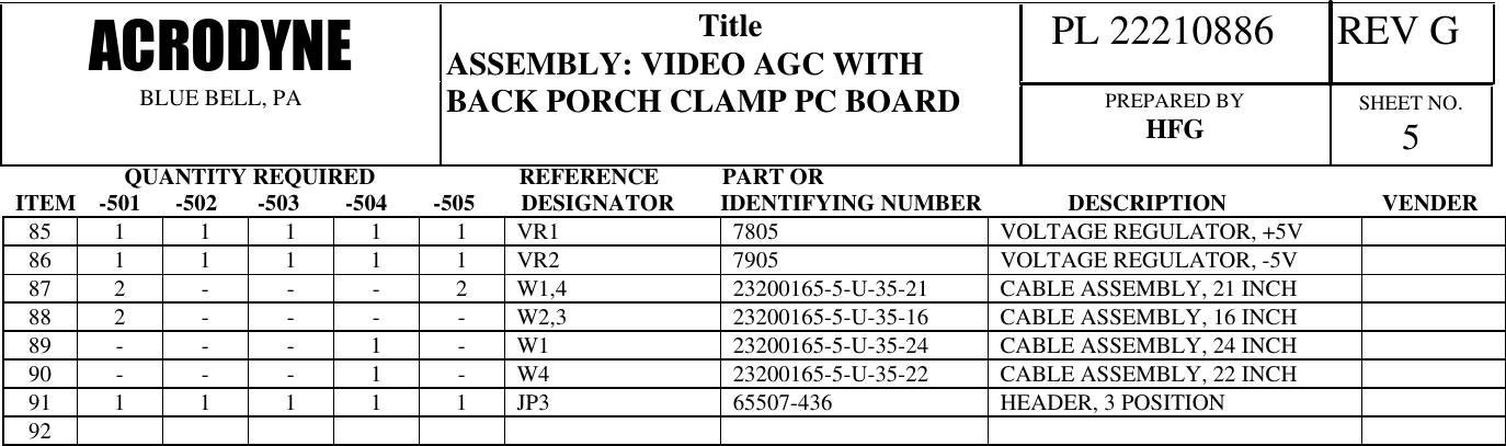                    QUANTITY REQUIRED                         REFERENCE           PART ORITEM    -501      -502       -503        -504        -505        DESIGNATOR        IDENTIFYING NUMBER               DESCRIPTION                           VENDER  PL 22210886     REV GACRODYNEBLUE BELL, PATitleASSEMBLY: VIDEO AGC WITHBACK PORCH CLAMP PC BOARD PREPARED BYHFG SHEET NO.58511111VR1 7805 VOLTAGE REGULATOR, +5V8611111VR2 7905 VOLTAGE REGULATOR, -5V87 2 ---2W1,4 23200165-5-U-35-21 CABLE ASSEMBLY, 21 INCH88 2 ----W2,3 23200165-5-U-35-16 CABLE ASSEMBLY, 16 INCH89 ---1-W1 23200165-5-U-35-24 CABLE ASSEMBLY, 24 INCH90 ---1-W4 23200165-5-U-35-22 CABLE ASSEMBLY, 22 INCH9111111JP3 65507-436 HEADER, 3 POSITION92