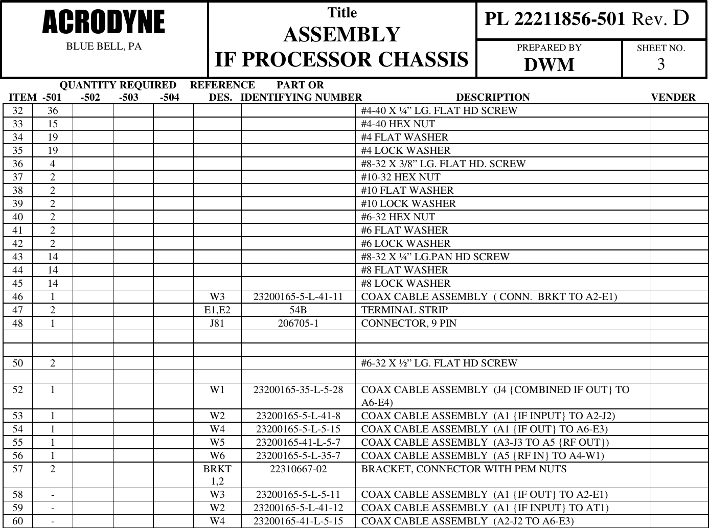                    QUANTITY REQUIRED     REFERENCE        PART ORITEM  -501       -502       -503        -504           DES.   IDENTIFYING NUMBER                                   DESCRIPTION                                             VENDER PL 22211856-501 Rev. DACRODYNEBLUE BELL, PATitleASSEMBLYIF PROCESSOR CHASSIS PREPARED BYDWM SHEET NO.332 36 #4-40 X &frac14;&rdquo; LG. FLAT HD SCREW33 15 #4-40 HEX NUT34 19 #4 FLAT WASHER35 19 #4 LOCK WASHER36 4 #8-32 X 3/8&rdquo; LG. FLAT HD. SCREW37 2 #10-32 HEX NUT38 2 #10 FLAT WASHER39 2 #10 LOCK WASHER40 2 #6-32 HEX NUT41 2 #6 FLAT WASHER42 2 #6 LOCK WASHER43 14 #8-32 X &frac14;&rdquo; LG.PAN HD SCREW44 14 #8 FLAT WASHER45 14 #8 LOCK WASHER46 1 W3 23200165-5-L-41-11 COAX CABLE ASSEMBLY  ( CONN.  BRKT TO A2-E1)47 2 E1,E2 54B TERMINAL STRIP48 1 J81 206705-1 CONNECTOR, 9 PIN50 2 #6-32 X &frac12;&rdquo; LG. FLAT HD SCREW52 1 W1 23200165-35-L-5-28 COAX CABLE ASSEMBLY  (J4 {COMBINED IF OUT} TOA6-E4)53 1 W2 23200165-5-L-41-8 COAX CABLE ASSEMBLY  (A1 {IF INPUT} TO A2-J2)54 1 W4 23200165-5-L-5-15 COAX CABLE ASSEMBLY  (A1 {IF OUT} TO A6-E3)55 1 W5 23200165-41-L-5-7 COAX CABLE ASSEMBLY  (A3-J3 TO A5 {RF OUT})56 1 W6 23200165-5-L-35-7 COAX CABLE ASSEMBLY  (A5 {RF IN} TO A4-W1)57 2 BRKT1,2 22310667-02 BRACKET, CONNECTOR WITH PEM NUTS58 -W3 23200165-5-L-5-11 COAX CABLE ASSEMBLY  (A1 {IF OUT} TO A2-E1)59 -W2 23200165-5-L-41-12 COAX CABLE ASSEMBLY  (A1 {IF INPUT} TO AT1)60 -W4 23200165-41-L-5-15 COAX CABLE ASSEMBLY  (A2-J2 TO A6-E3)