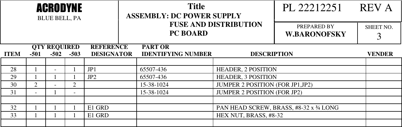                   QTY REQUIRED       REFERENCE         PART ORITEM      -501      -502     -503       DESIGNATOR      IDENTIFYING NUMBER                         DESCRIPTION                                                VENDER  PL 22212251      REV AACRODYNEBLUE BELL, PATitle  ASSEMBLY: DC POWER SUPPLY                           FUSE AND DISTRIBUTION                           PC BOARD PREPARED BYW.BARONOFSKY SHEET NO.328 1 -1JP1 65507-436 HEADER, 2 POSITION29 1 1 1 JP2 65507-436 HEADER, 3 POSITION30 2 -215-38-1024 JUMPER 2 POSITION (FOR JP1,JP2)31 -1-15-38-1024 JUMPER 2 POSITION (FOR JP2)32 1 1 1 E1 GRD PAN HEAD SCREW, BRASS, #8-32 x &frac34; LONG33 1 1 1 E1 GRD HEX NUT, BRASS, #8-32