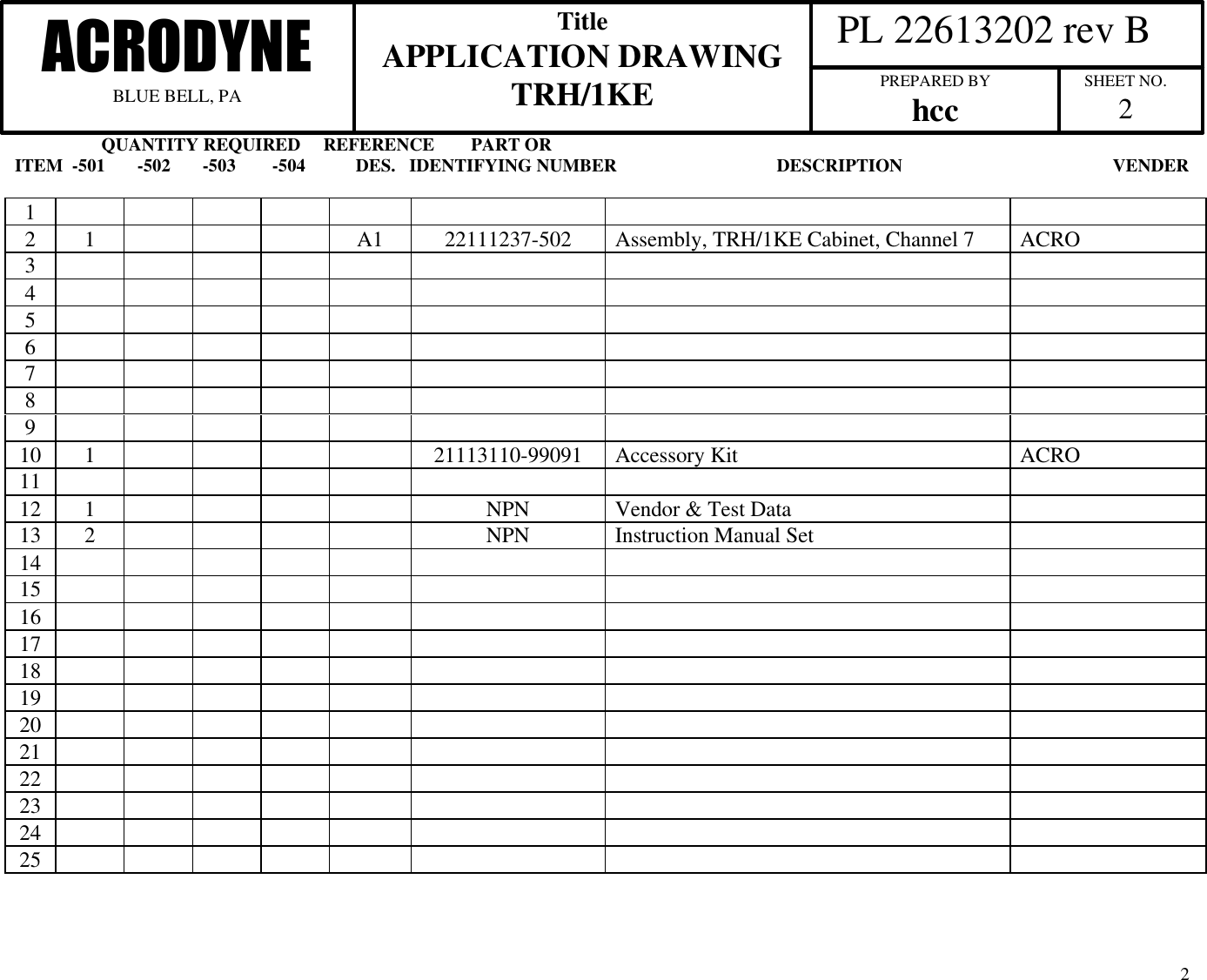                   QUANTITY REQUIRED     REFERENCE        PART ORITEM  -501       -502       -503        -504           DES.   IDENTIFYING NUMBER                                   DESCRIPTION                                              VENDER  PL 22613202 rev BACRODYNEBLUE BELL, PATitleAPPLICATION DRAWINGTRH/1KE PREPARED BYhcc SHEET NO.2212 1 A1 22111237-502 Assembly, TRH/1KE Cabinet, Channel 7 ACRO345678910 1 21113110-99091 Accessory Kit ACRO1112 1 NPN Vendor &amp; Test Data13 2 NPN Instruction Manual Set141516171819202122232425