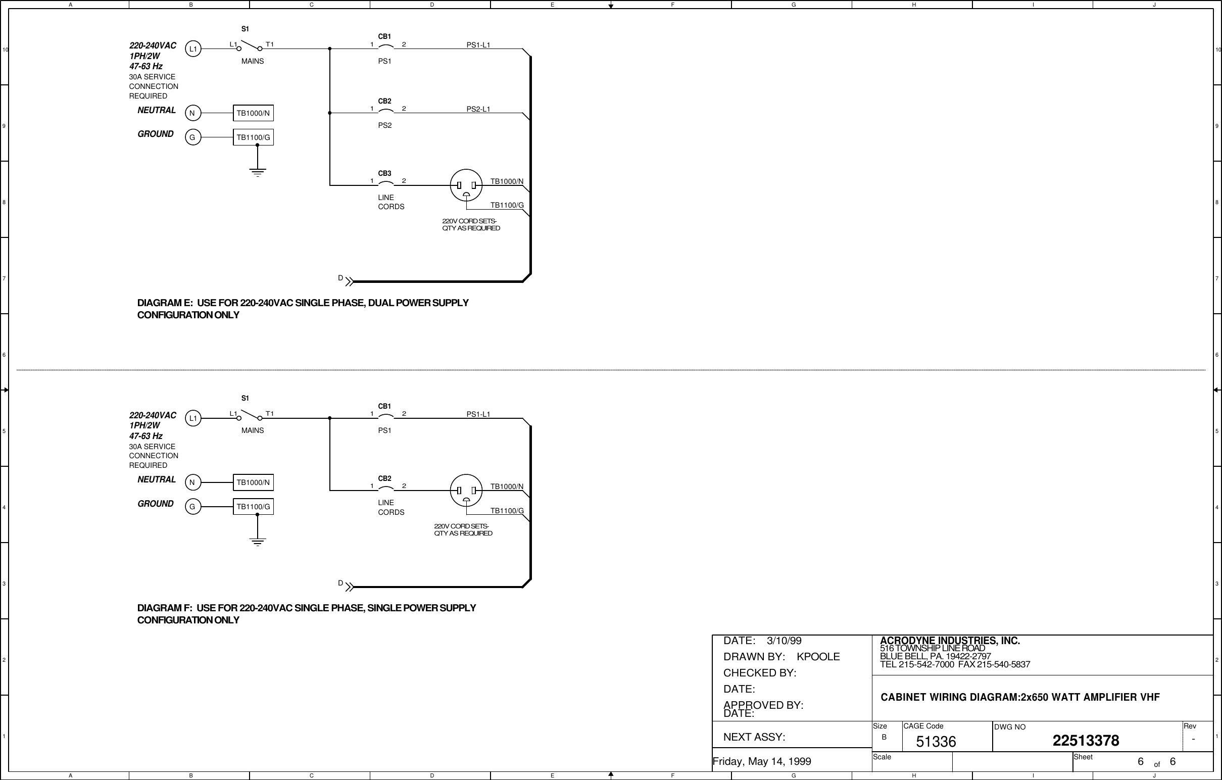 AABBCCDDEEFFGGHHIIJJ10 109 98 87 76 65 54 43 32 21 1PS1-L1LINE CORDSPS1CB1CB2220V CORD SETS-QTY AS REQUIRED1 21 2S1L1 T1MAINSTB1000/NTB1100/GDIAGRAM F:  USE FOR 220-240VAC SINGLE PHASE, SINGLE POWER SUPPLYCONFIGURATION ONLYPS2PS1-L1LINE CORDSTB1000/NTB1100/GPS1PS2-L1CB1CB2CB31 21 21 2S1L1 T1TB1000/NTB1100/GDIAGRAM E:  USE FOR 220-240VAC SINGLE PHASE, DUAL POWER SUPPLYCONFIGURATION ONLYMAINSL1220-240VAC1PH/2W47-63 HzNEUTRALGROUNDGNGROUND220-240VAC1PH/2W47-63 HzGNEUTRALNL1TB1000/NTB1100/G220V CORD SETS-QTY AS REQUIRED30A SERVICECONNECTIONREQUIRED30A SERVICECONNECTIONREQUIRED-ACRODYNE INDUSTRIES, INC.22513378Friday, May 14, 1999 6 6B516 TOWNSHIP LINE ROADBLUE BELL, PA. 19422-2797TEL 215-542-7000  FAX 215-540-5837CABINET WIRING DIAGRAM:2x650 WATT AMPLIFIER VHF51336DRAWN BY:    KPOOLEDATE:    3/10/99APPROVED BY:DATE:CHECKED BY:  DATE:  NEXT ASSY: SizeScaleCAGE Code DWG NO RevSheet ofDD