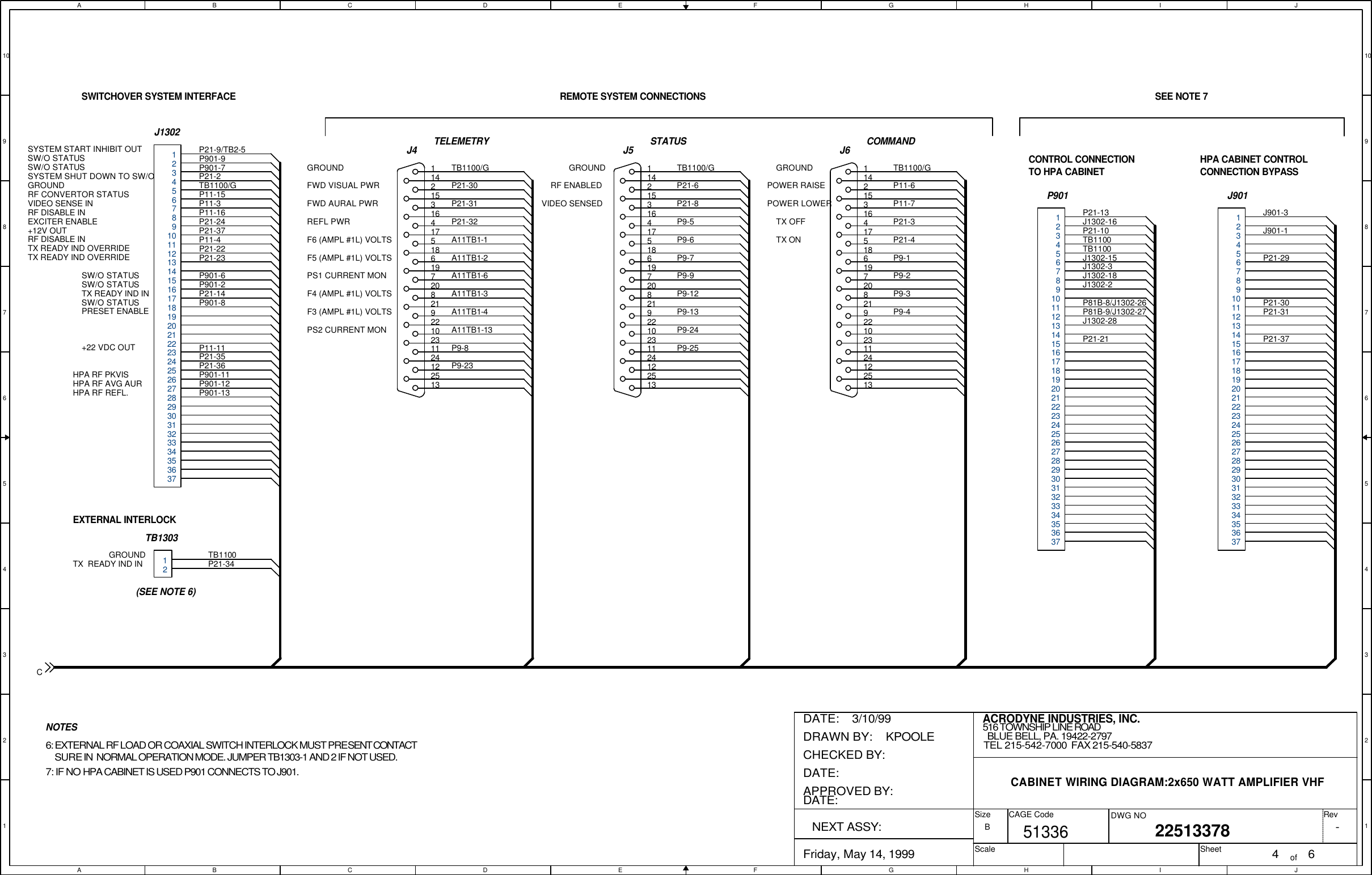 AABBCCDDEEFFGGHHIIJJ10 109 98 87 76 65 54 43 32 21 1TELEMETRY STATUS COMMANDTB1100/GTB1100/GTB1100/GP21-30P21-31P21-32A11TB1-1A11TB1-2A11TB1-3A11TB1-4A11TB1-6A11TB1-13GROUND GROUND GROUNDFWD VISUAL PWRREFL PWRFWD AURAL PWRPS1 CURRENT MONPS2 CURRENT MONP21-6P21-8RF ENABLEDVIDEO SENSEDP11-6P11-7P21-3P21-4POWER RAISEPOWER LOWERTX OFFTX ONF6 (AMPL #1L) VOLTSP21-9/TB2-5P21-2P11-3TB1100/GP11-16P21-37P21-24P11-4P21-14J1302SWITCHOVER SYSTEM INTERFACEP11-15P21-22P21-23TB1100P21-34GROUNDRF CONVERTOR STATUSRF DISABLE IN+12V OUTSYSTEM SHUT DOWN TO SW/OVIDEO SENSE INEXCITER ENABLESYSTEM START INHIBIT OUTRF DISABLE INTX READY IND OVERRIDETX READY IND OVERRIDETX READY IND INPRESET ENABLE+22 VDC OUTTX  READY IND INGROUNDSW/O STATUSSW/O STATUSSW/O STATUSSW/O STATUSEXTERNAL INTERLOCKHPA RF PKVISHPA RF AVG AURHPA RF REFL.(SEE NOTE 6)SW/O STATUS6: EXTERNAL RF LOAD OR COAXIAL SWITCH INTERLOCK MUST PRESENT CONTACT    SURE IN  NORMAL OPERATION MODE. JUMPER TB1303-1 AND 2 IF NOT USED.REMOTE SYSTEM CONNECTIONSNOTESP901-9P901-7P901-6P901-2P901-8P901-11P901-12P901-13F5 (AMPL #1L) VOLTSF4 (AMPL #1L) VOLTSF3 (AMPL #1L) VOLTSP9-8P9-23P9-5P9-6P9-7P9-9P9-12P9-13P9-24P9-25P9-1P9-2P9-3P9-4P11-11P21-35P21-36P21-30P21-21P81B-8/J1302-26J1302-16CONTROL CONNECTIONTO HPA CABINETJ901-1J1302-2P21-10J1302-3P81B-9/J1302-27 P21-31P21-29J1302-28TB1100HPA CABINET CONTROLCONNECTION BYPASSTB1100J901-3J1302-18P21-13J1302-15P21-37SEE NOTE 77: IF NO HPA CABINET IS USED P901 CONNECTS TO J901.-ACRODYNE INDUSTRIES, INC.22513378Friday, May 14, 1999 4 6B516 TOWNSHIP LINE ROADBLUE BELL, PA. 19422-2797TEL 215-542-7000  FAX 215-540-5837CABINET WIRING DIAGRAM:2x650 WATT AMPLIFIER VHF51336DRAWN BY:    KPOOLEDATE:    3/10/99APPROVED BY:DATE:CHECKED BY:  DATE:  NEXT ASSY:SizeScaleCAGE Code DWG NO RevSheet ofCTB13031212345678910111213141516171819202122232425262728293031323334353637J413251224112310229218207196185174163152141J513251224112310229218207196185174163152141P90112345678910111213141516171819202122232425262728293031323334353637J90112345678910111213141516171819202122232425262728293031323334353637J613251224112310229218207196185174163152141