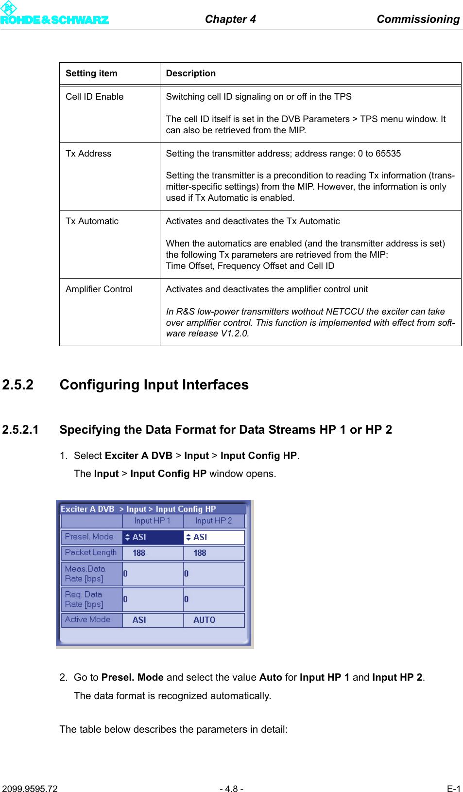 Chapter 4 Commissioning2099.9595.72 - 4.8 - E-12.5.2 Configuring Input Interfaces2.5.2.1 Specifying the Data Format for Data Streams HP 1 or HP 21. Select Exciter A DVB > Input > Input Config HP.The Input > Input Config HP window opens.2. Go to Presel. Mode and select the value Auto for Input HP 1 and Input HP 2.The data format is recognized automatically.The table below describes the parameters in detail:Cell ID Enable Switching cell ID signaling on or off in the TPSThe cell ID itself is set in the DVB Parameters > TPS menu window. It can also be retrieved from the MIP.Tx Address Setting the transmitter address; address range: 0 to 65535Setting the transmitter is a precondition to reading Tx information (trans-mitter-specific settings) from the MIP. However, the information is only used if Tx Automatic is enabled.Tx Automatic Activates and deactivates the Tx AutomaticWhen the automatics are enabled (and the transmitter address is set) the following Tx parameters are retrieved from the MIP:Time Offset, Frequency Offset and Cell IDAmplifier Control Activates and deactivates the amplifier control unitIn R&amp;S low-power transmitters wothout NETCCU the exciter can take over amplifier control. This function is implemented with effect from soft-ware release V1.2.0.Setting item Description