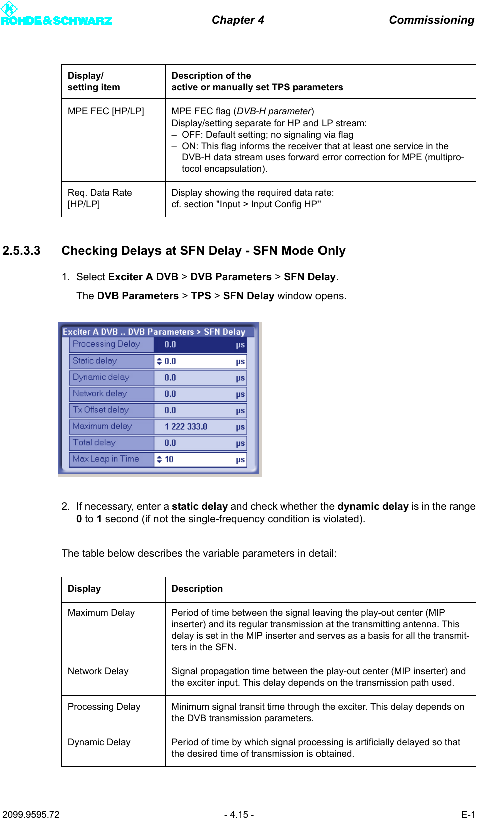Chapter 4 Commissioning2099.9595.72 - 4.15 - E-12.5.3.3 Checking Delays at SFN Delay - SFN Mode Only1. Select Exciter A DVB > DVB Parameters > SFN Delay.The DVB Parameters > TPS > SFN Delay window opens.2. If necessary, enter a static delay and check whether the dynamic delay is in the range0 to 1second (if not the single-frequency condition is violated).The table below describes the variable parameters in detail:MPE FEC [HP/LP] MPE FEC flag (DVB-H parameter)Display/setting separate for HP and LP stream:&ndash; OFF: Default setting; no signaling via flag&ndash; ON: This flag informs the receiver that at least one service in the DVB-H data stream uses forward error correction for MPE (multipro-tocol encapsulation).Req. Data Rate[HP/LP]Display showing the required data rate:cf. section "Input > Input Config HP"Display DescriptionMaximum Delay Period of time between the signal leaving the play-out center (MIP inserter) and its regular transmission at the transmitting antenna. This delay is set in the MIP inserter and serves as a basis for all the transmit-ters in the SFN.Network Delay Signal propagation time between the play-out center (MIP inserter) and the exciter input. This delay depends on the transmission path used.Processing Delay Minimum signal transit time through the exciter. This delay depends on the DVB transmission parameters.Dynamic Delay Period of time by which signal processing is artificially delayed so that the desired time of transmission is obtained.Display/setting itemDescription of theactive or manually set TPS parameters