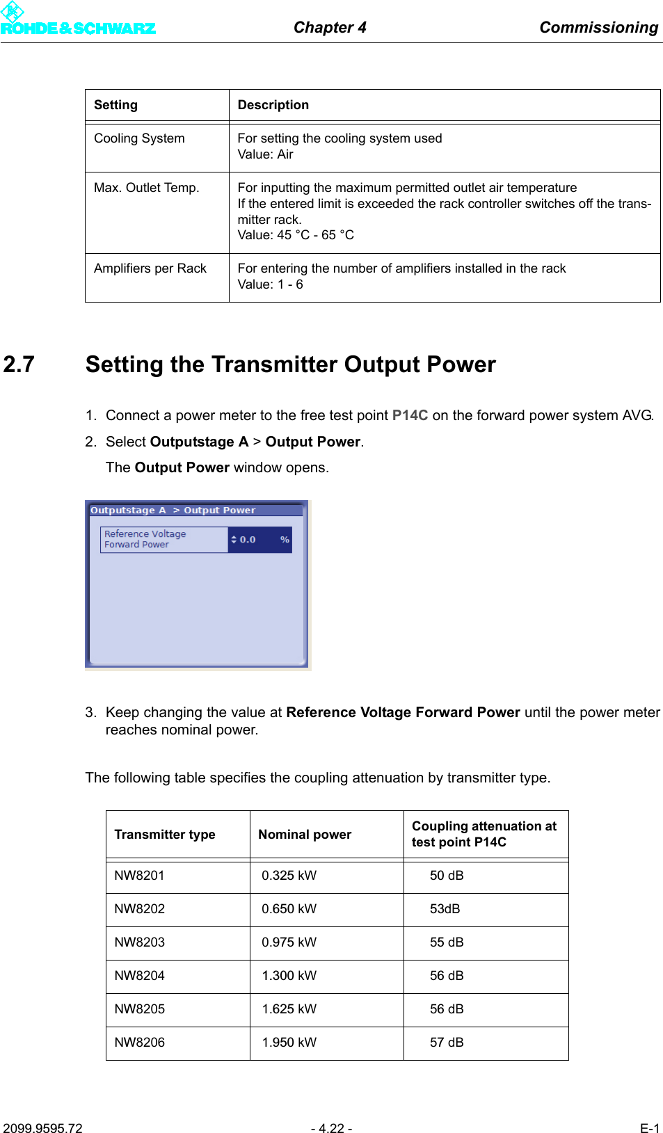 Chapter 4 Commissioning2099.9595.72 - 4.22 - E-12.7 Setting the Transmitter Output Power1. Connect a power meter to the free test point P14C on the forward power system AVG.2. Select Outputstage A > Output Power.The Output Power window opens.3. Keep changing the value at Reference Voltage Forward Power until the power meterreaches nominal power.The following table specifies the coupling attenuation by transmitter type.Cooling System For setting the cooling system usedValue: AirMax. Outlet Temp. For inputting the maximum permitted outlet air temperatureIf the entered limit is exceeded the rack controller switches off the trans-mitter rack.Value: 45 &deg;C - 65 &deg;CAmplifiers per Rack For entering the number of amplifiers installed in the rackValue: 1 - 6Transmitter type Nominal power Coupling attenuation at test point P14CNW8201 0.325 kW 50 dBNW8202 0.650 kW 53dBNW8203 0.975 kW 55 dBNW8204 1.300 kW 56 dBNW8205 1.625 kW 56 dBNW8206 1.950 kW 57 dBSetting Description