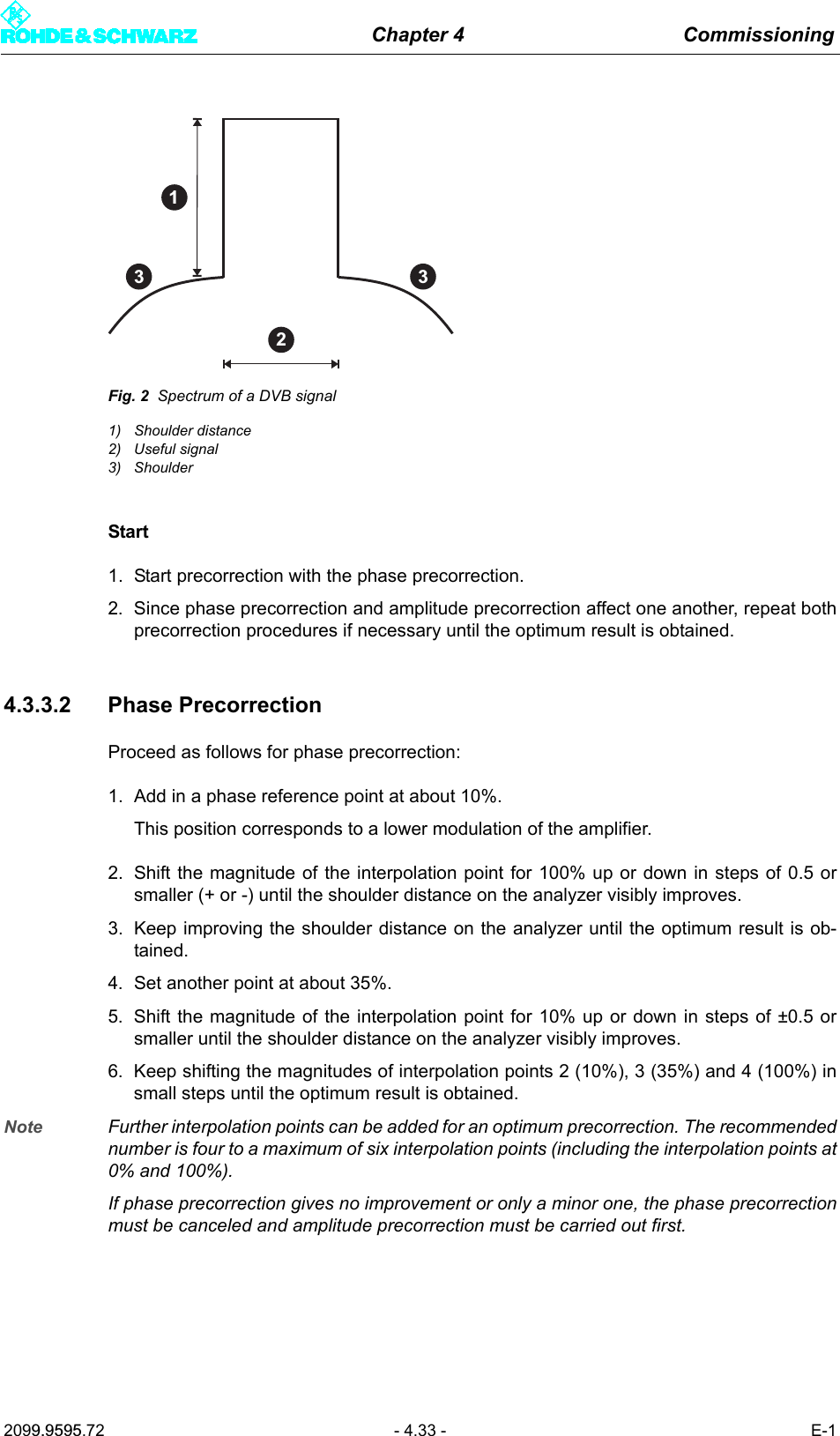 Chapter 4 Commissioning2099.9595.72 - 4.33 - E-1Fig. 2 Spectrum of a DVB signal1) Shoulder distance2) Useful signal3) ShoulderStart1. Start precorrection with the phase precorrection.2. Since phase precorrection and amplitude precorrection affect one another, repeat bothprecorrection procedures if necessary until the optimum result is obtained. 4.3.3.2 Phase PrecorrectionProceed as follows for phase precorrection:1. Add in a phase reference point at about 10%.This position corresponds to a lower modulation of the amplifier.2. Shift the magnitude of the interpolation point for 100% up or down in steps of 0.5 orsmaller (+ or -) until the shoulder distance on the analyzer visibly improves.3. Keep improving the shoulder distance on the analyzer until the optimum result is ob-tained.4. Set another point at about 35%.5. Shift the magnitude of the interpolation point for 10% up or down in steps of &plusmn;0.5 orsmaller until the shoulder distance on the analyzer visibly improves. 6. Keep shifting the magnitudes of interpolation points 2 (10%), 3 (35%) and 4 (100%) insmall steps until the optimum result is obtained. Note Further interpolation points can be added for an optimum precorrection. The recommendednumber is four to a maximum of six interpolation points (including the interpolation points at0% and 100%). If phase precorrection gives no improvement or only a minor one, the phase precorrectionmust be canceled and amplitude precorrection must be carried out first.123 3