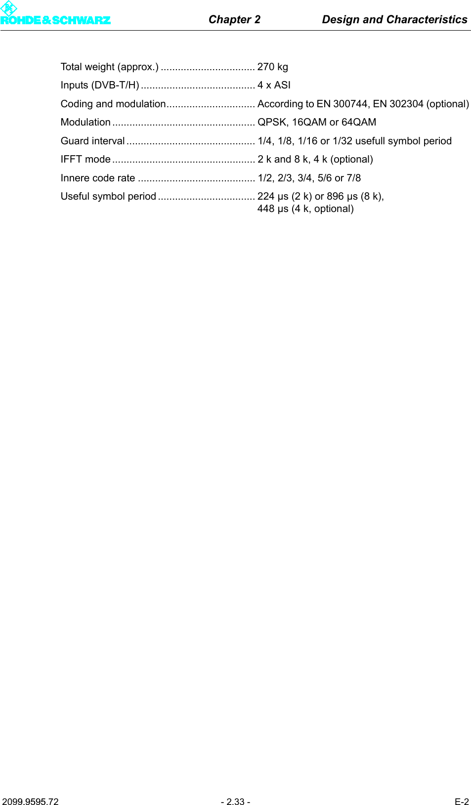 Chapter 2 Design and Characteristics2099.9595.72 - 2.33 - E-2Total weight (approx.) ................................. 270 kgInputs (DVB-T/H) ........................................ 4 x ASICoding and modulation............................... According to EN 300744, EN 302304 (optional)Modulation .................................................. QPSK, 16QAM or 64QAM Guard interval ............................................. 1/4, 1/8, 1/16 or 1/32 usefull symbol periodIFFT mode .................................................. 2 k and 8 k, 4 k (optional)Innere code rate ......................................... 1/2, 2/3, 3/4, 5/6 or 7/8Useful symbol period .................................. 224 &micro;s (2 k) or 896 &micro;s (8 k), 448 &micro;s (4 k, optional)