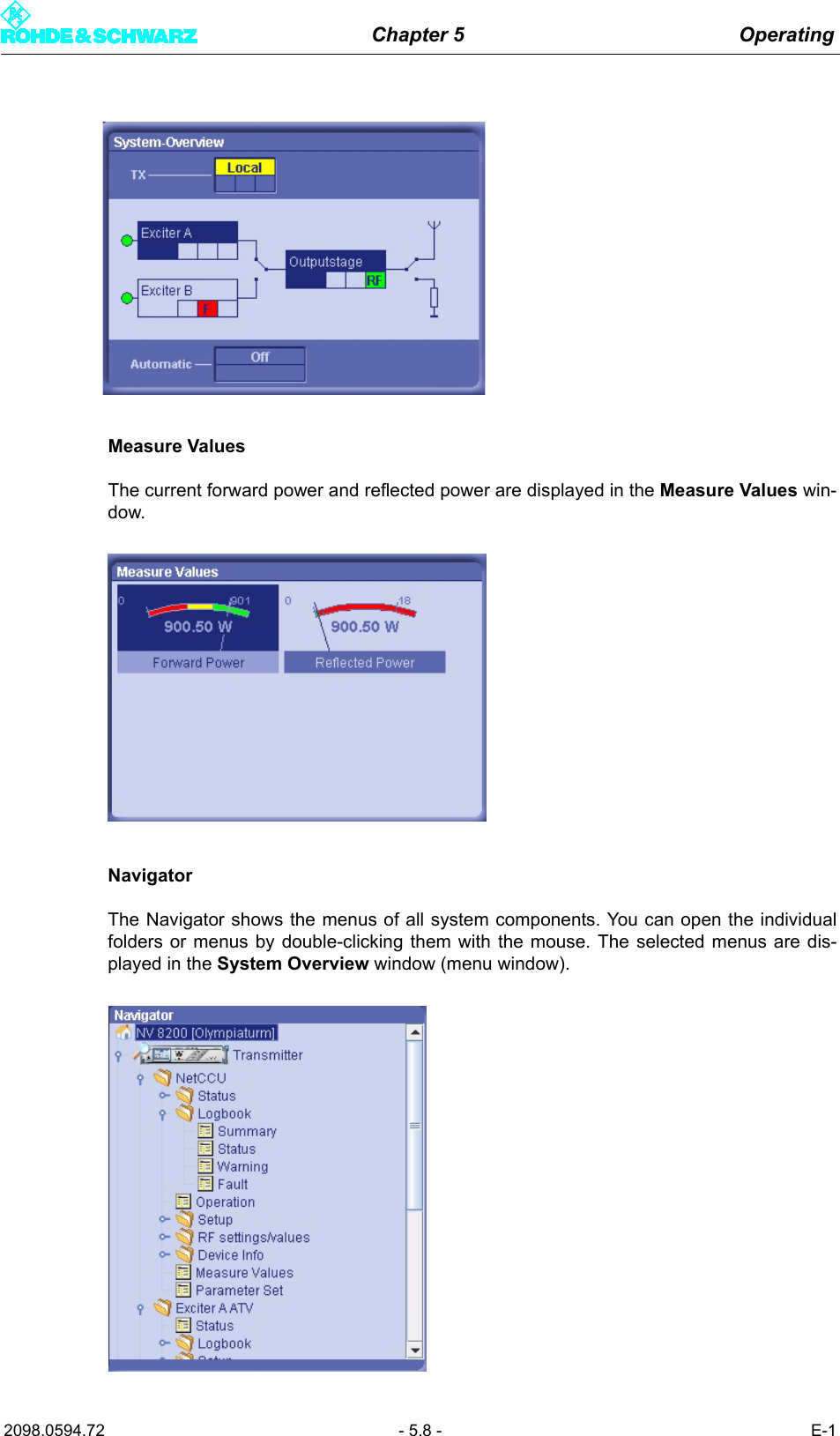 Chapter 5 Operating2098.0594.72 - 5.8 - E-1Measure ValuesThe current forward power and reflected power are displayed in the Measure Values win-dow. NavigatorThe Navigator shows the menus of all system components. You can open the individualfolders or menus by double-clicking them with the mouse. The selected menus are dis-played in the System Overview window (menu window).